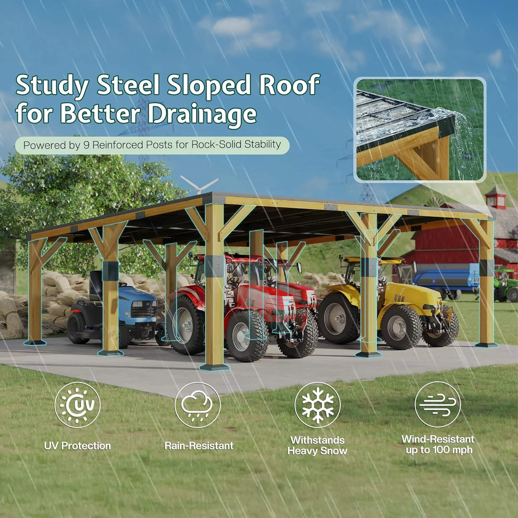 [20X20FT] Alora Heavy-Duty All-Weather Outdoor Cedar Wood Carport With Galvanized Steel Roof (SAK76145) - Image 6