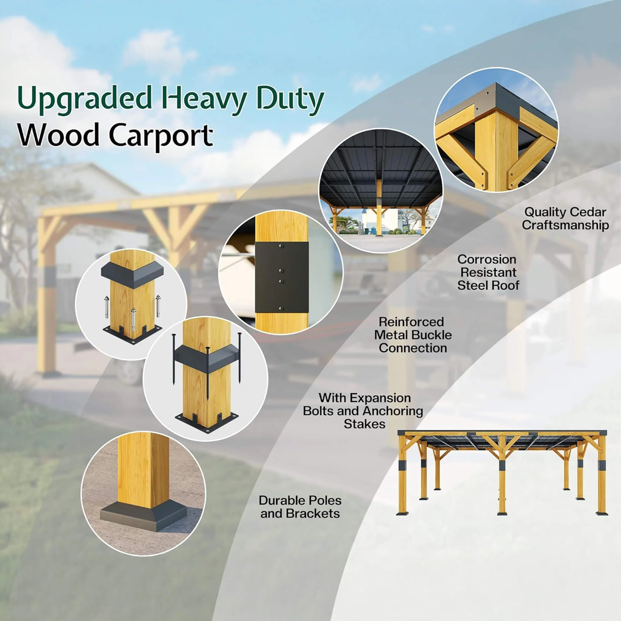 [20X20FT] Alora Heavy-Duty All-Weather Outdoor Cedar Wood Carport With Galvanized Steel Roof (SAK76145) - Image 7
