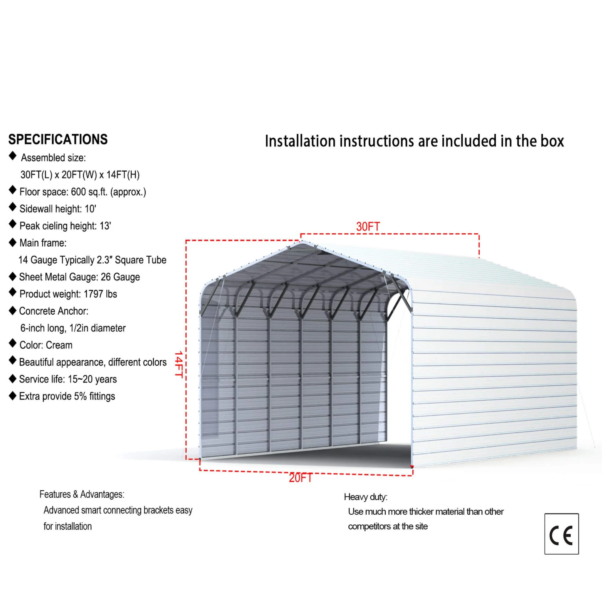 [20X30FT] Heavy-Duty Outdoor Galvanized Steel Carport (SAK21596) - Image 8