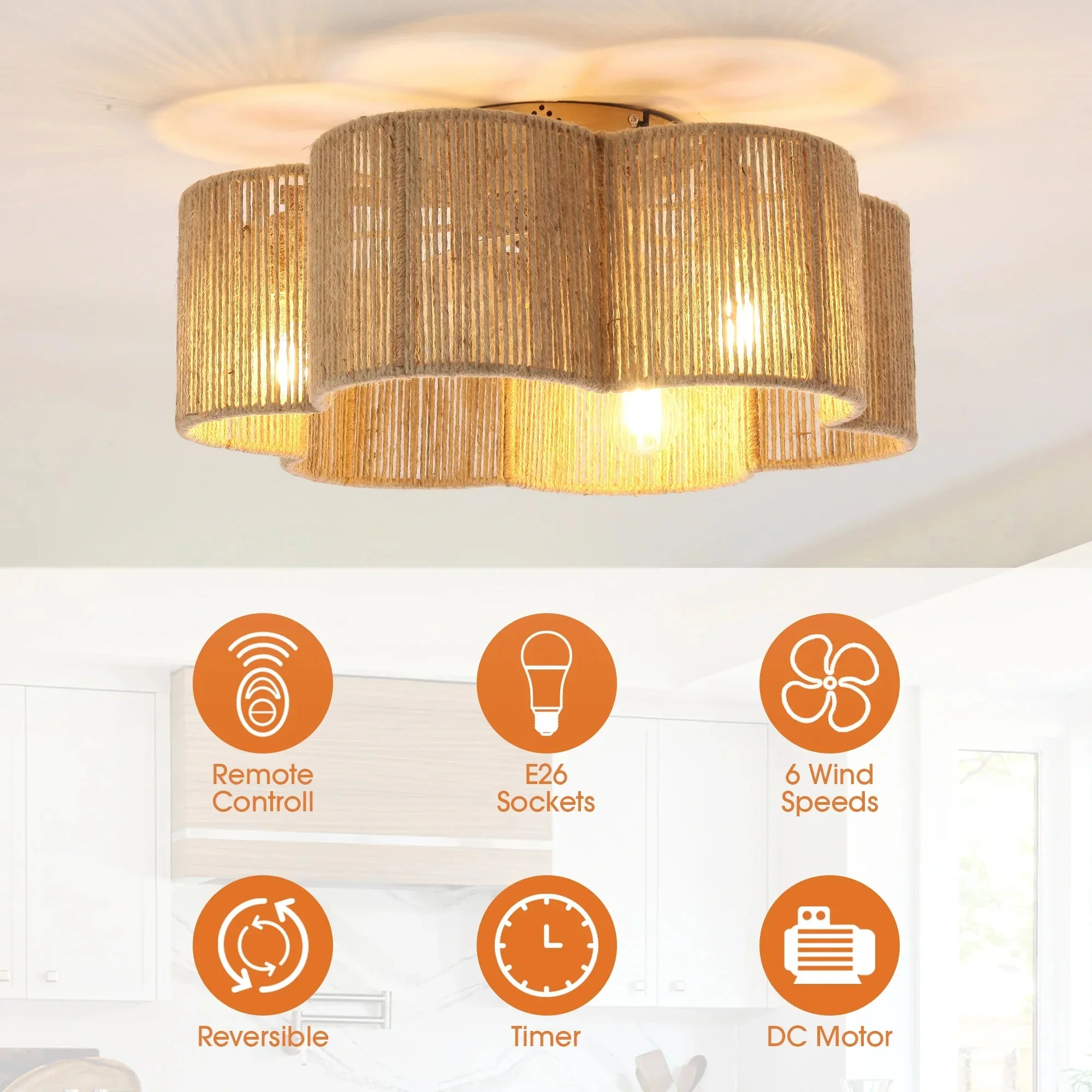 21 Inch Golden Flower-shape Farmhouse Rattan Flush Mount Ceiling Fan with Light APP and Remote Control - Image 4