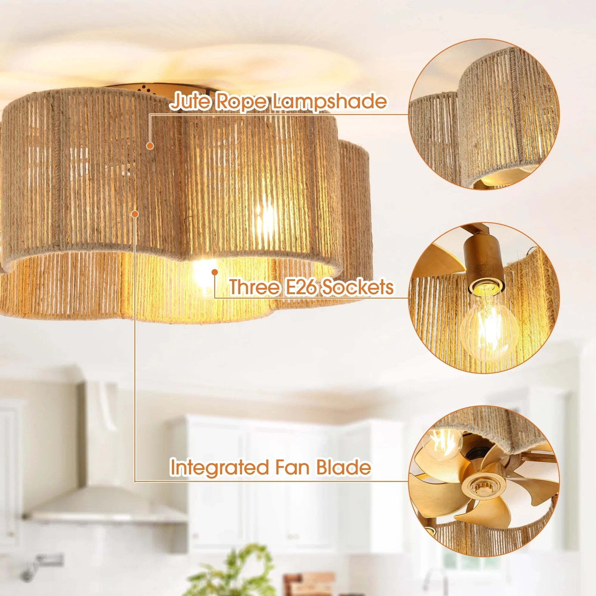 21 Inch Golden Flower-shape Farmhouse Rattan Flush Mount Ceiling Fan with Light APP and Remote Control - Image 6