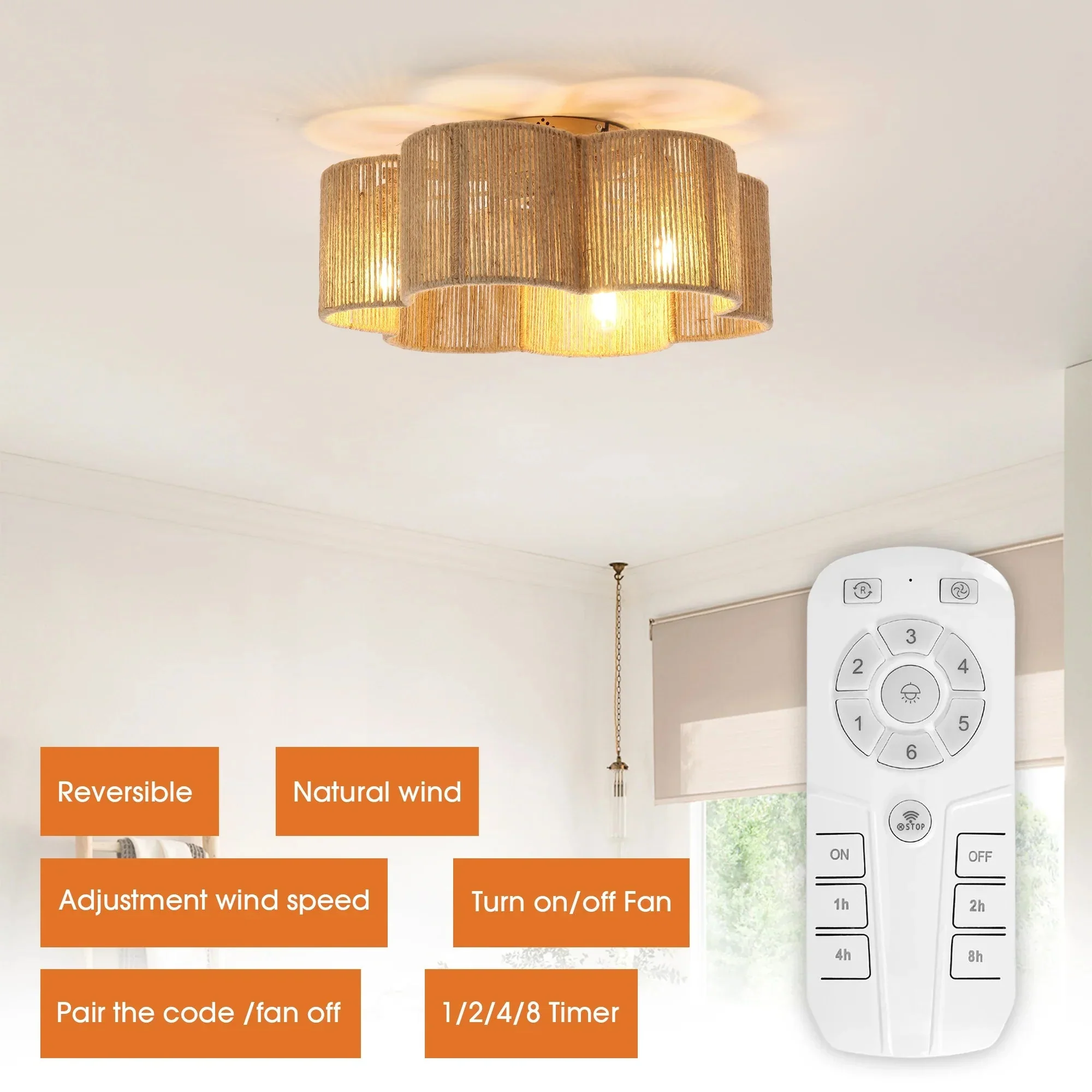 21 Inch Golden Flower-shape Farmhouse Rattan Flush Mount Ceiling Fan with Light APP and Remote Control - Image 7