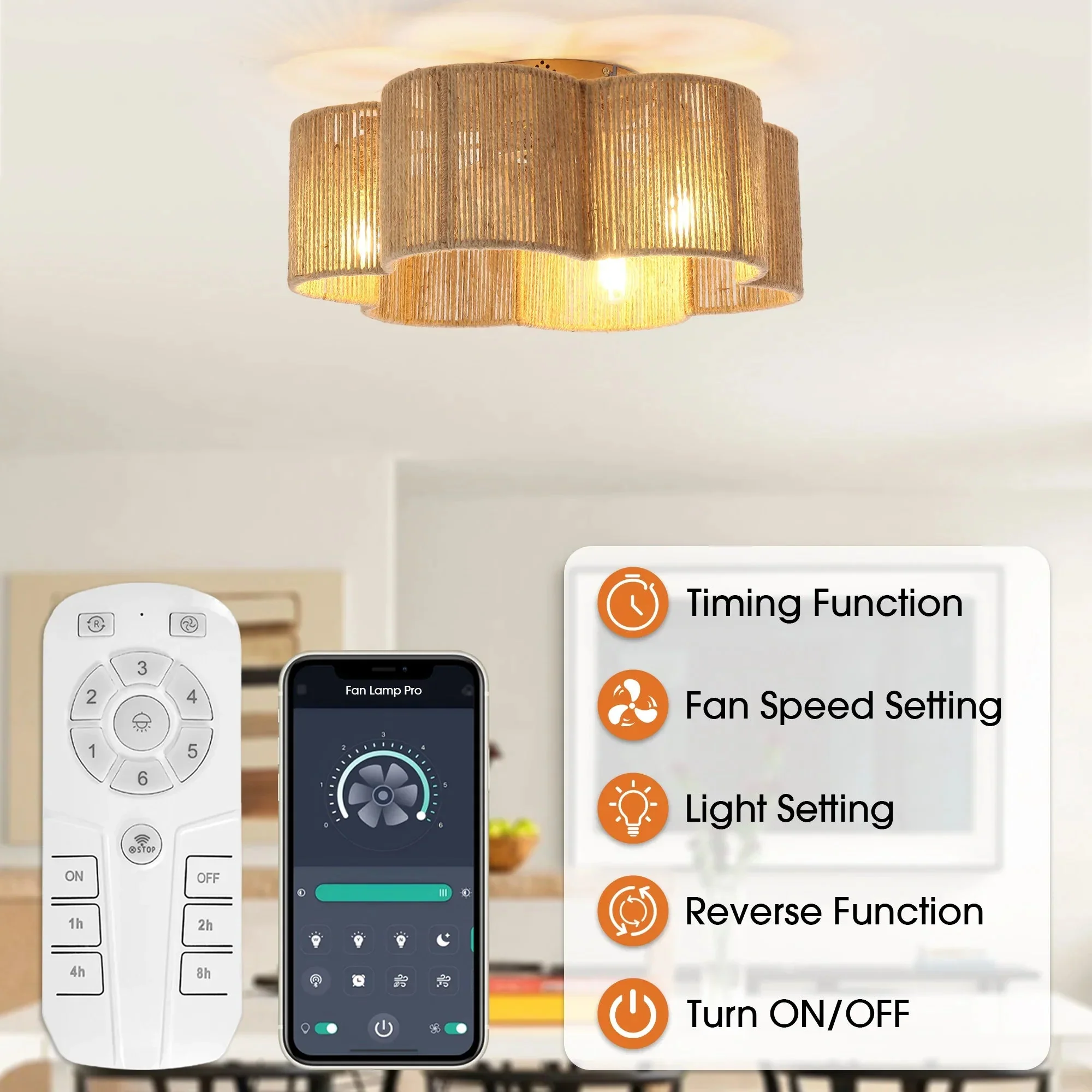 21 Inch Golden Flower-shape Farmhouse Rattan Flush Mount Ceiling Fan with Light APP and Remote Control - Image 8