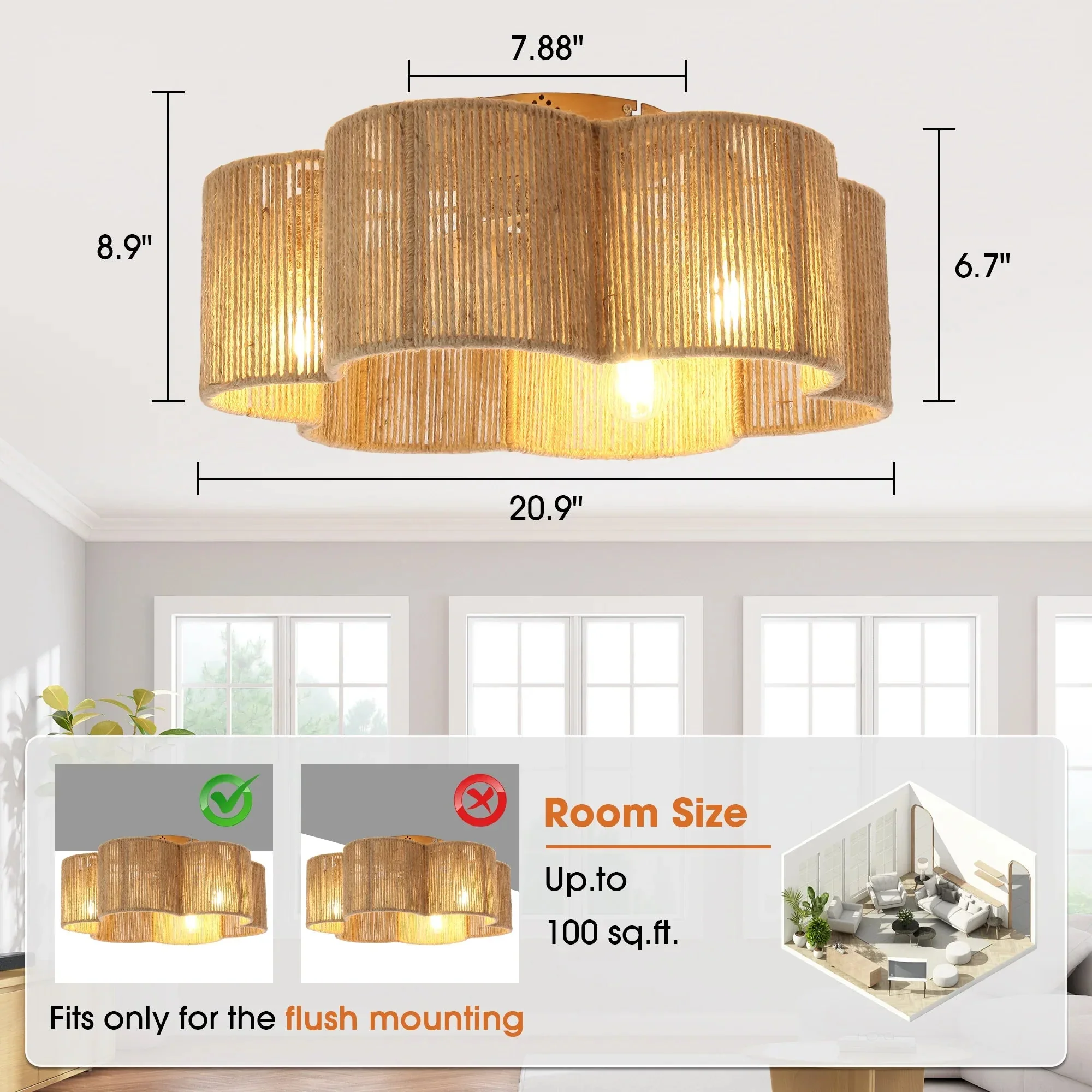 21 Inch Golden Flower-shape Farmhouse Rattan Flush Mount Ceiling Fan with Light APP and Remote Control - Image 9