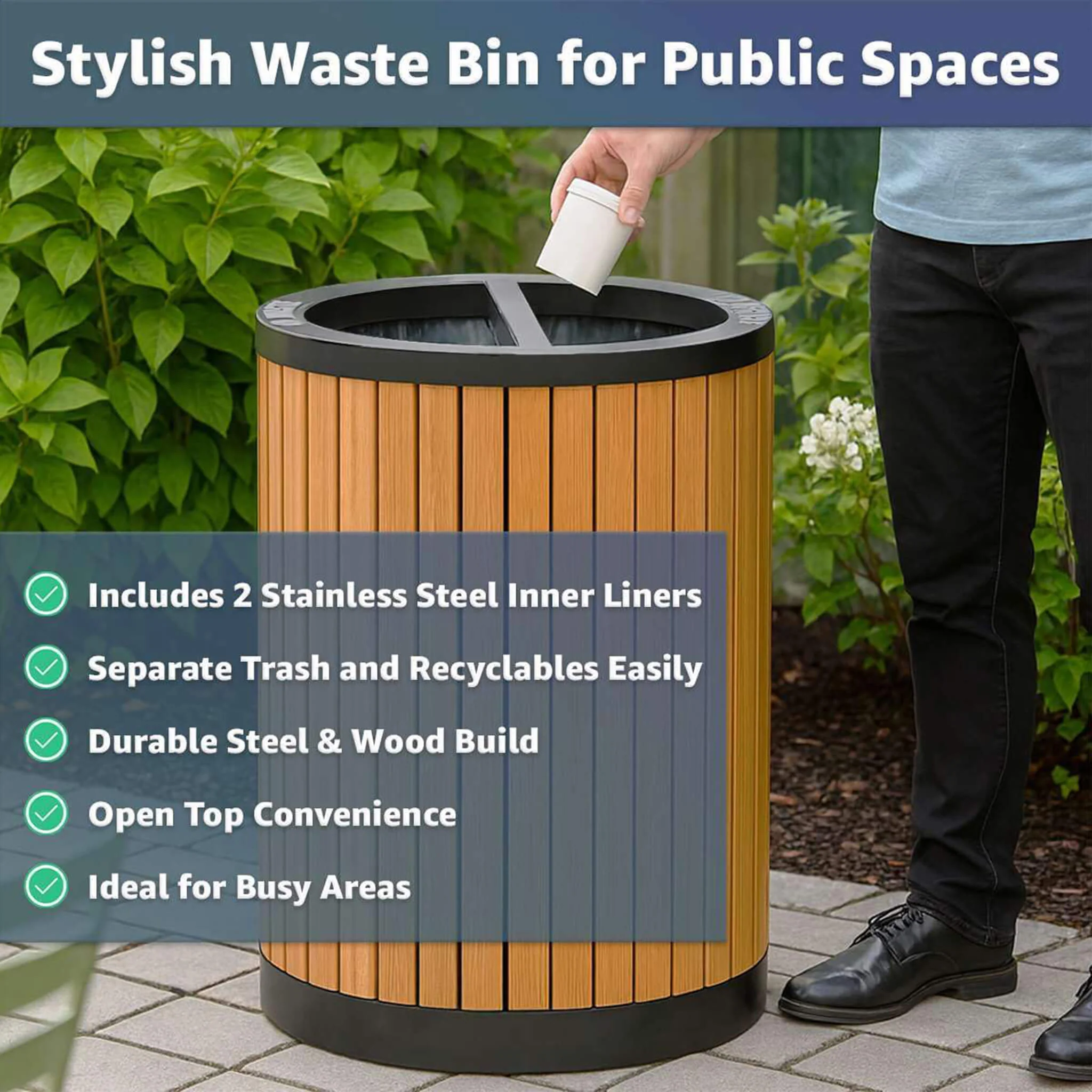 22-Gallon Heavy-Duty Commercial Outdoor Round Two-Stream Trash Can (SAK59821) - Image 6