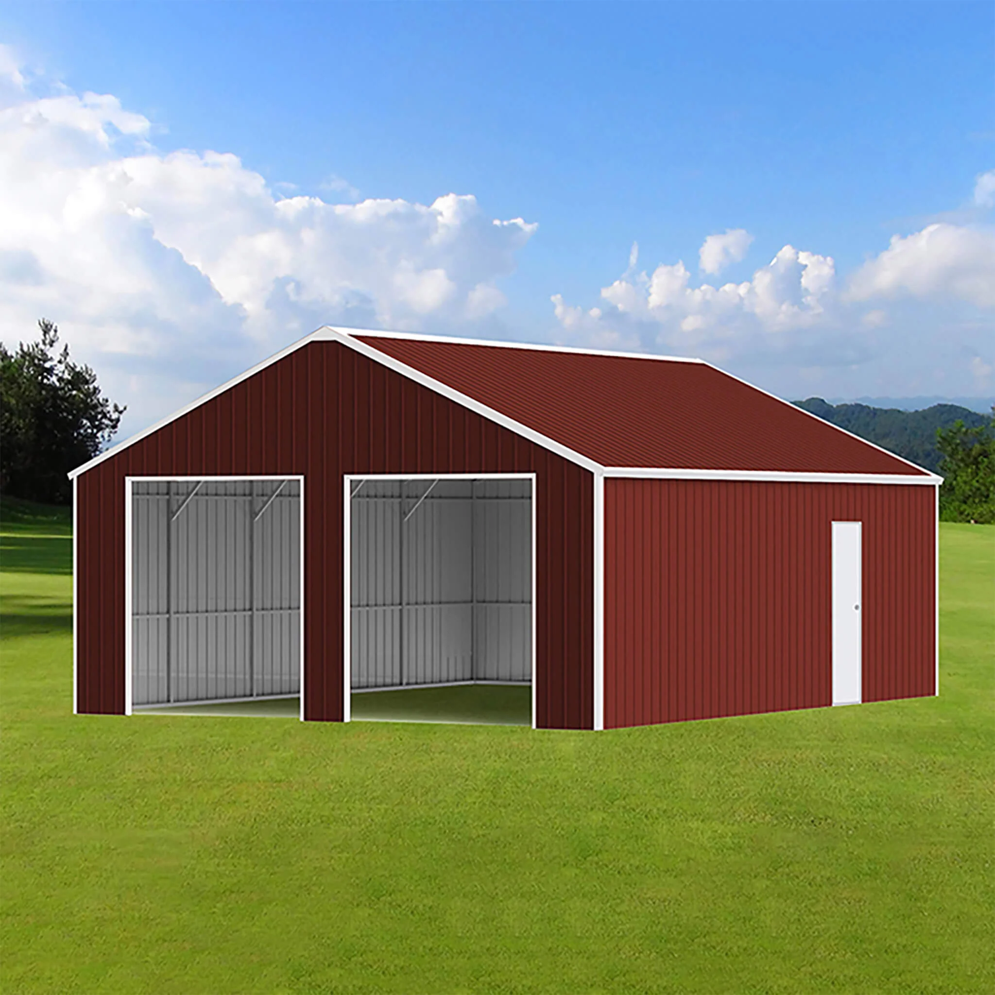 [22X23FT] Heavy-Duty Red-Brown Double Garage Steel Barn Storage Shed (SAK83456) - Image 3