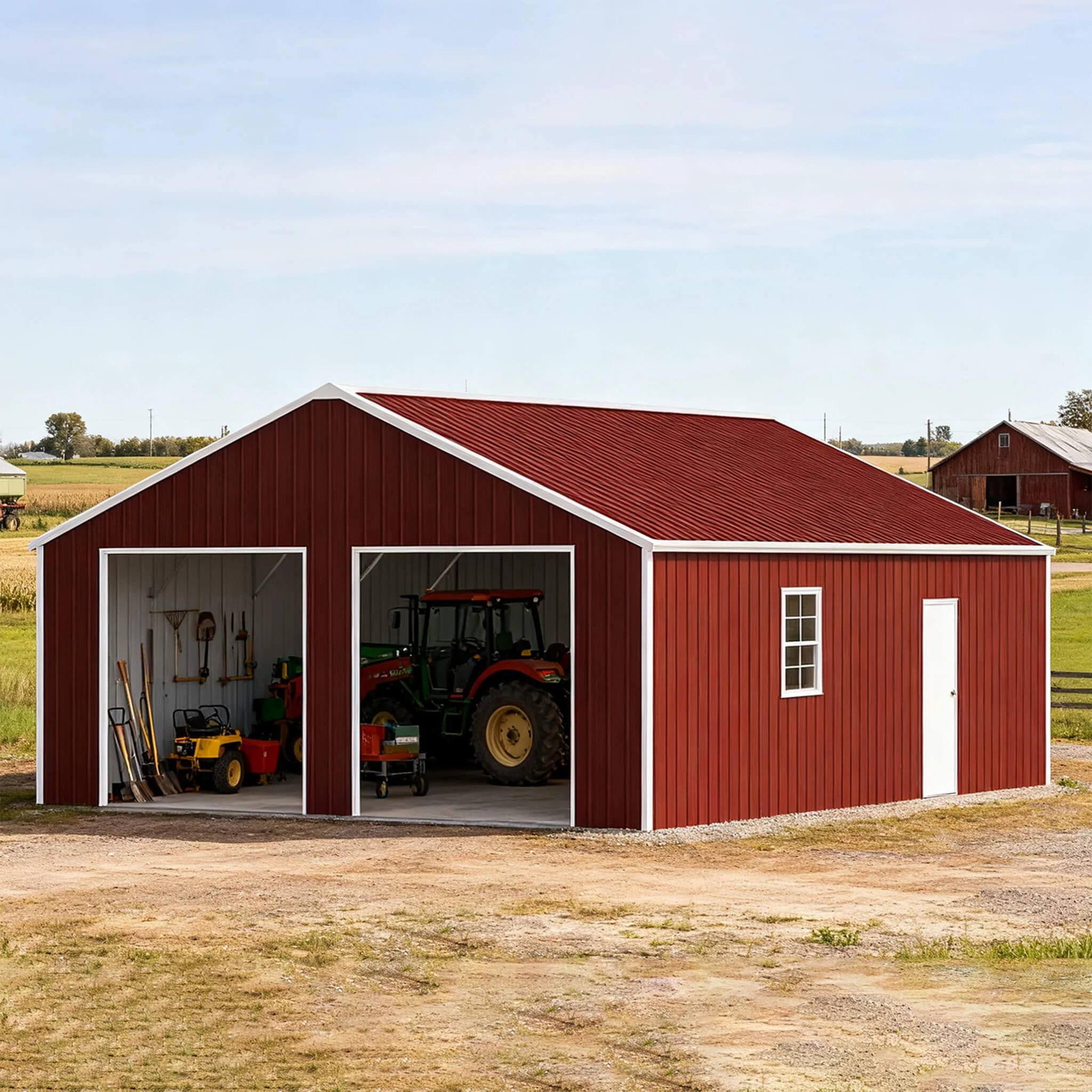[22X23FT] Heavy-Duty Red-Brown Double Garage Steel Barn Storage Shed (SAK83456) - Image 6