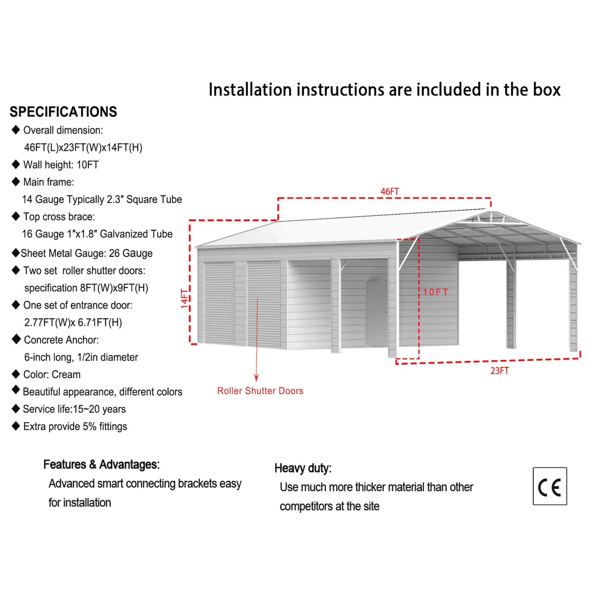 [23X46FT] Heavy-Duty Steel Garage Storage Shed With Reinforced Roof And 2 Doors (SAK29384) - Image 10