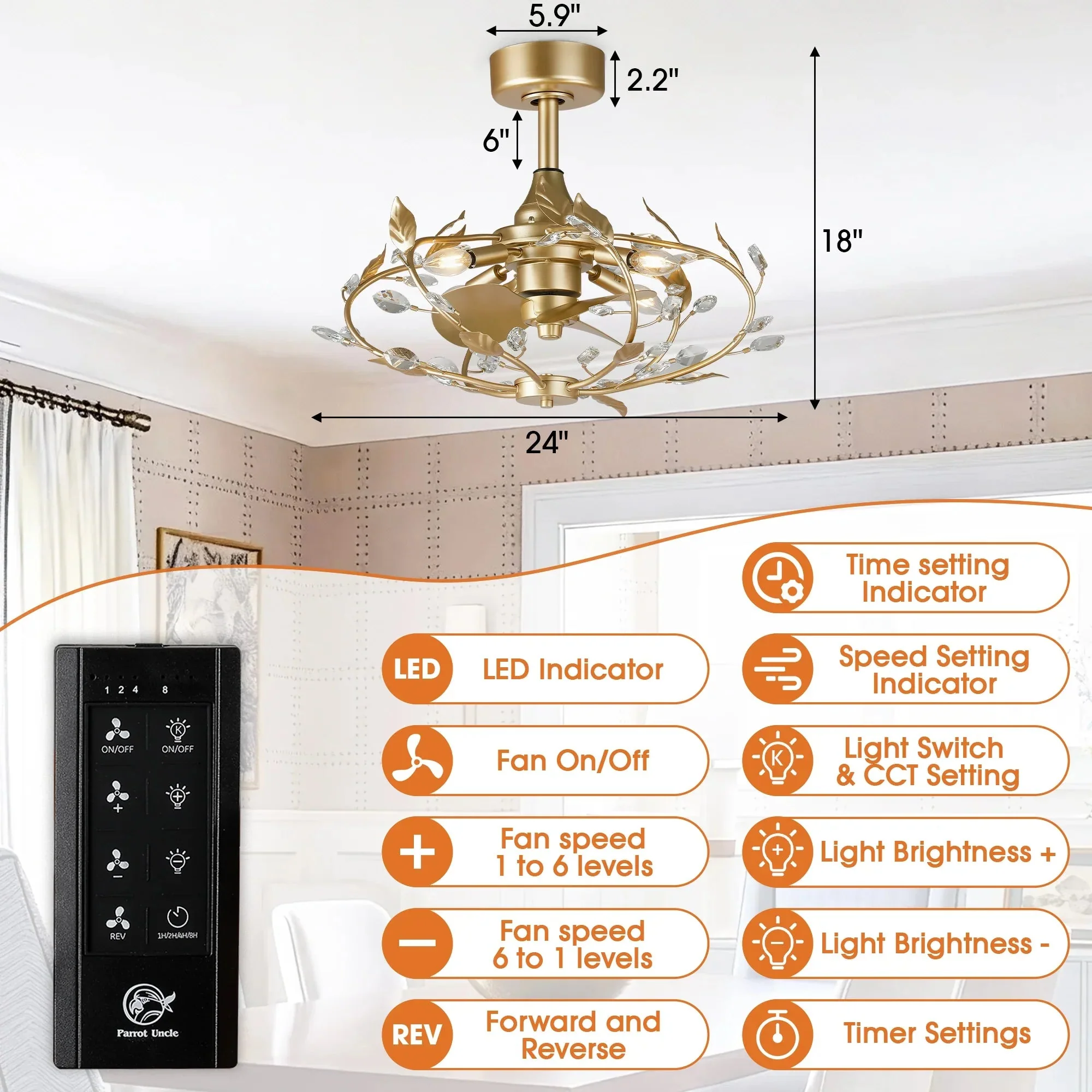 24 Inch Alexia Golden Crystal Ornament Fandelier with Remote Control - Image 7