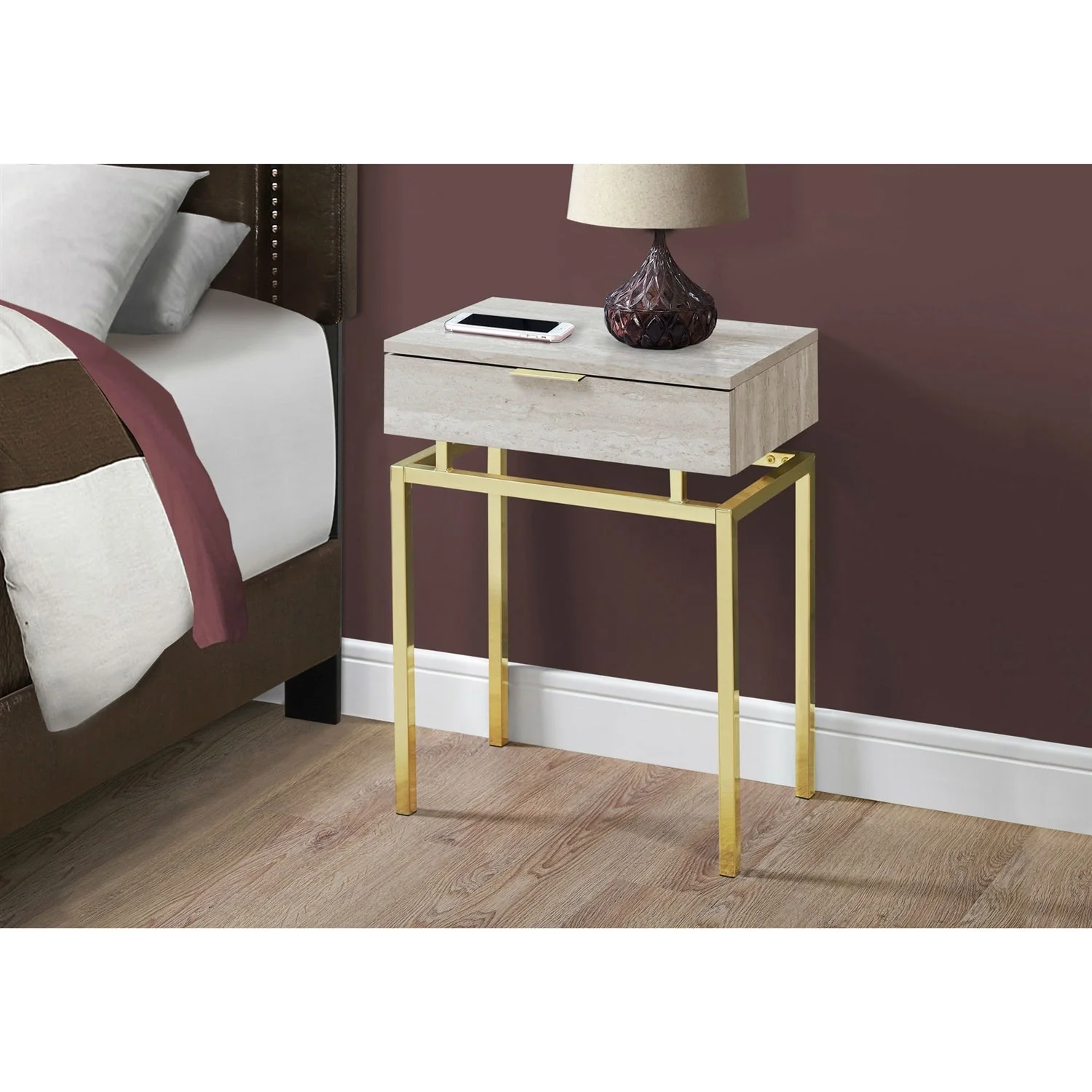 24in Modern End Table 1 Drawer Nightstand Beige Marble Gold Legs - Image 3