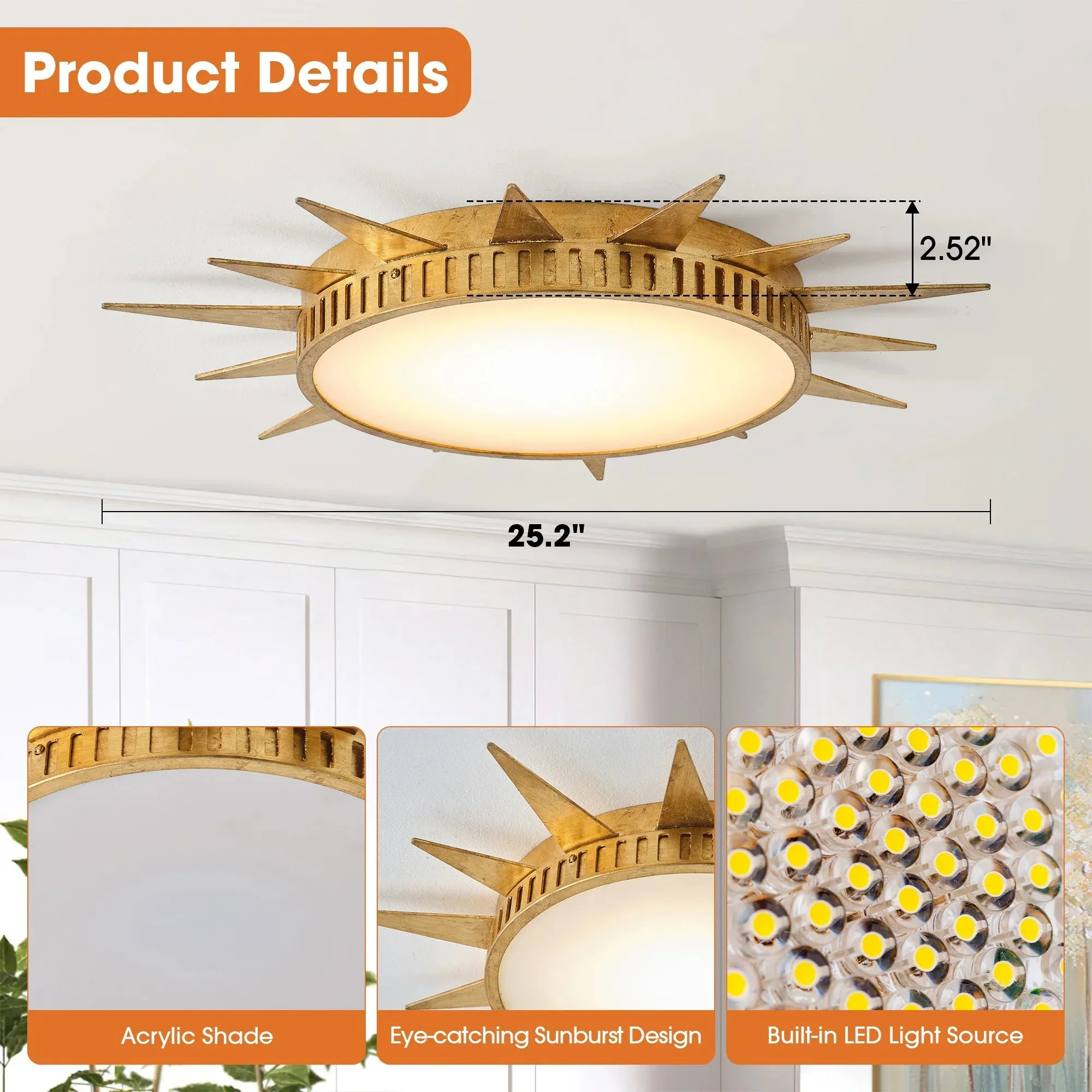25 Inch Dana Vintage Golden Sunburst Flush Mount LED Light - Image 8