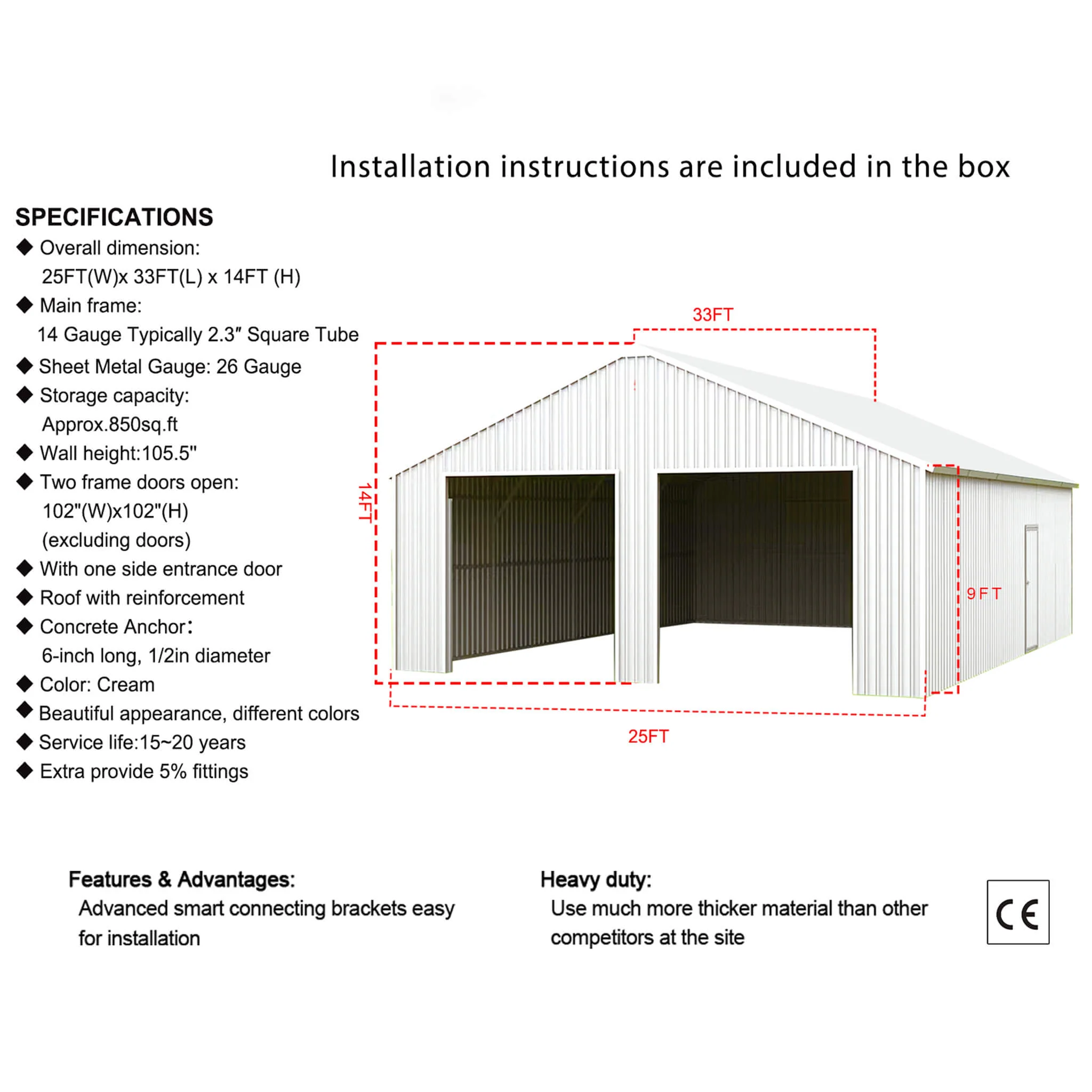 [25X33FT] Heavy-Duty Double Garage Galvanized Steel Barn Shed (SAK61234) - Image 7