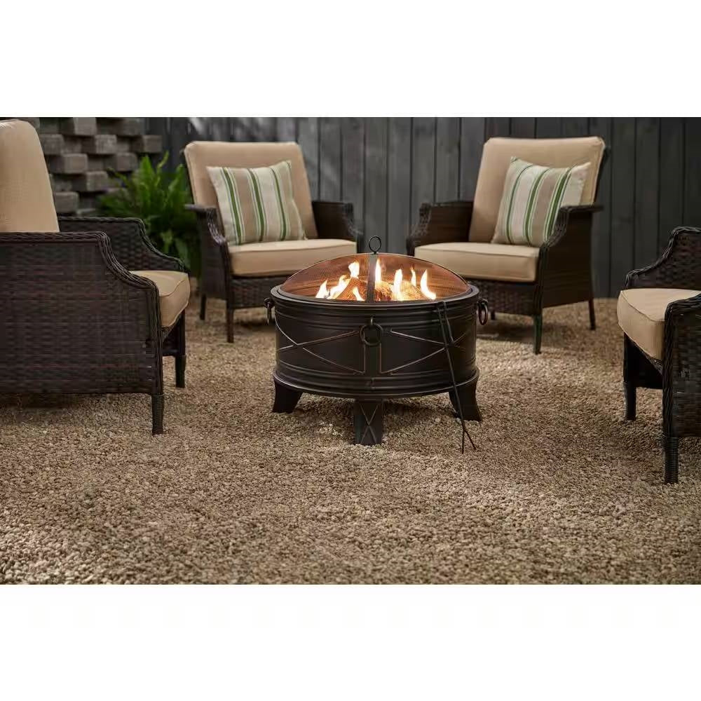 26-inch Round Steel Outdoor Fire Pit with Cover and Poker in Bronze - Image 2