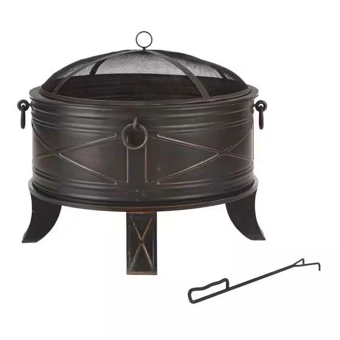 26-inch Round Steel Outdoor Fire Pit with Cover and Poker in Bronze - Image 3