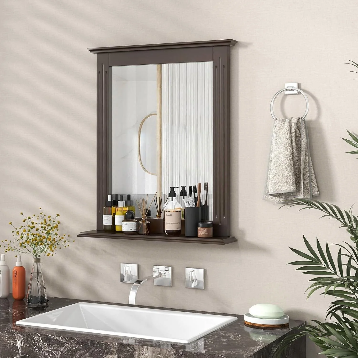 27-in x 22.5-in Bathroom Wall Mirror with Shelf in Dark Brown Wood Finish - Image 2