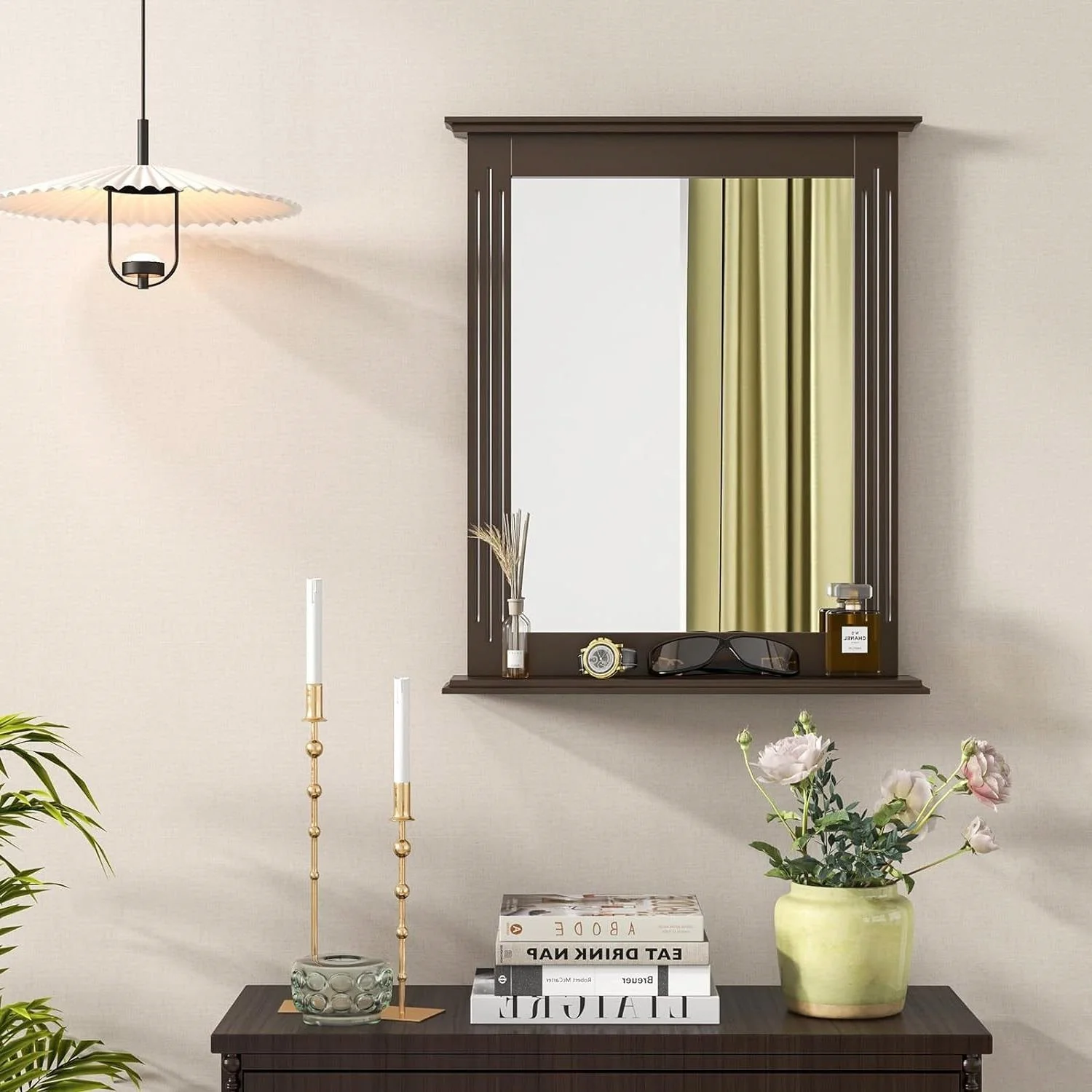 27-in x 22.5-in Bathroom Wall Mirror with Shelf in Dark Brown Wood Finish - Image 3
