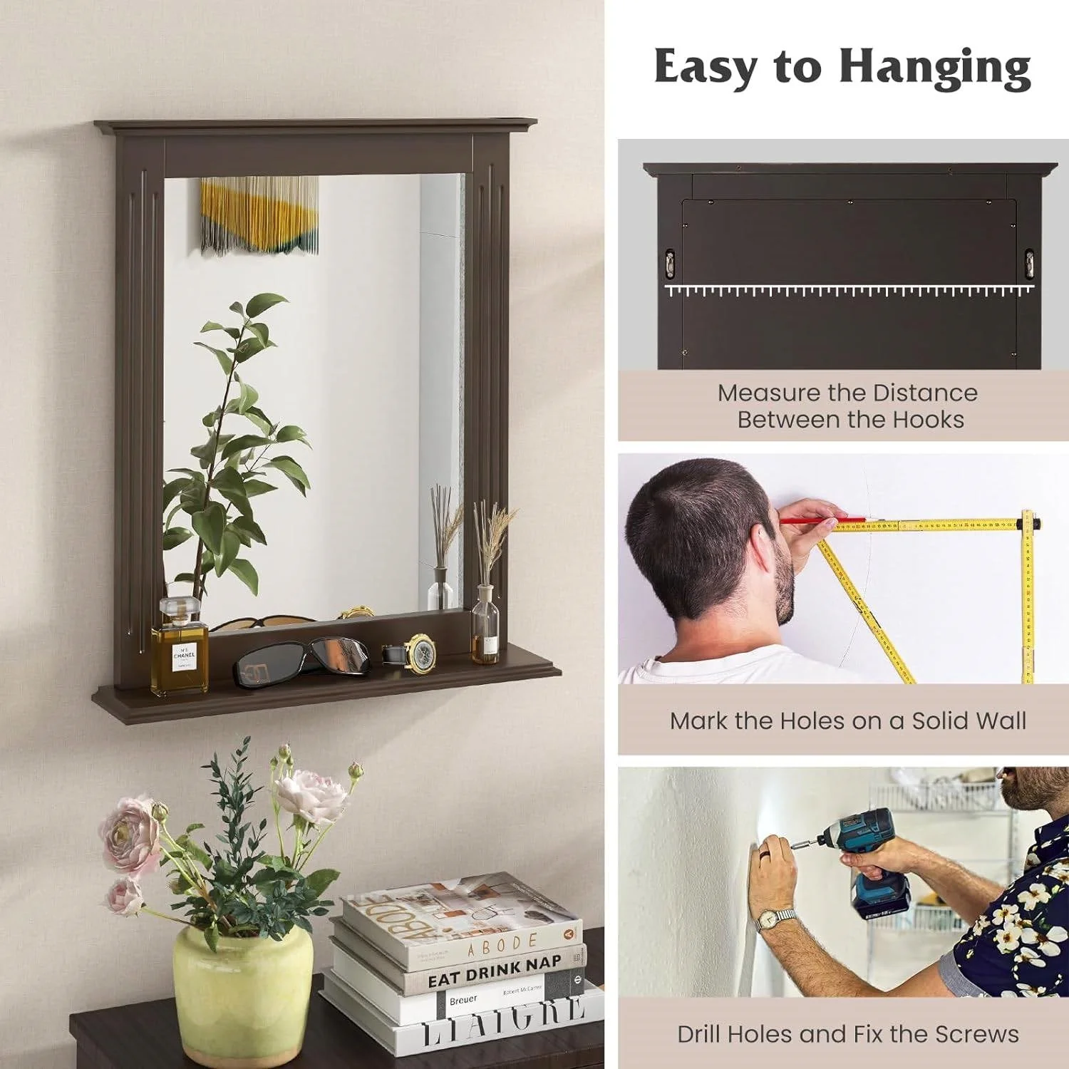 27-in x 22.5-in Bathroom Wall Mirror with Shelf in Dark Brown Wood Finish - Image 4