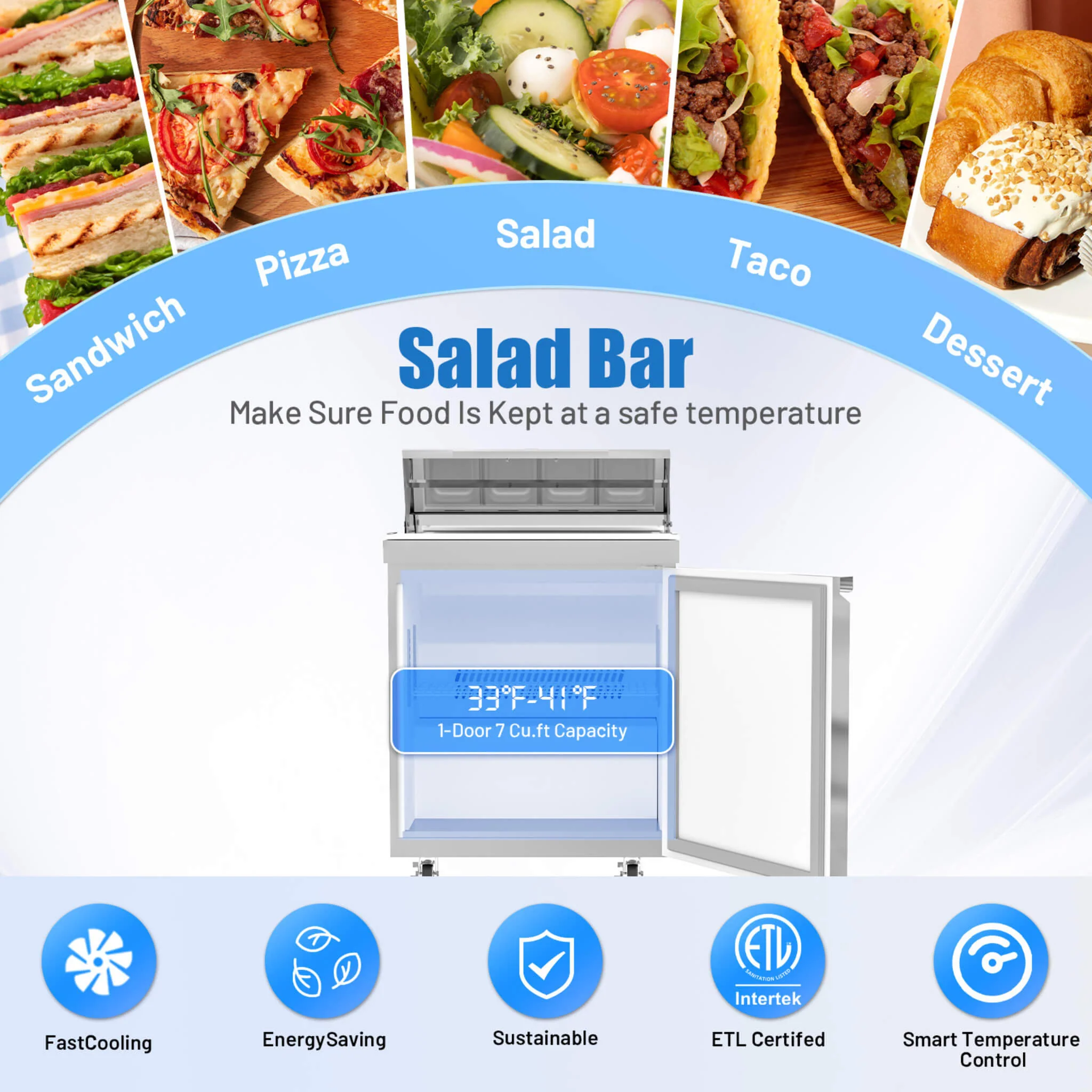 27-Inch 7.4 Cu.Ft Commercial Stainless Steel Sandwich Salad Prep Table Refrigerator (SAK84120) - Image 7