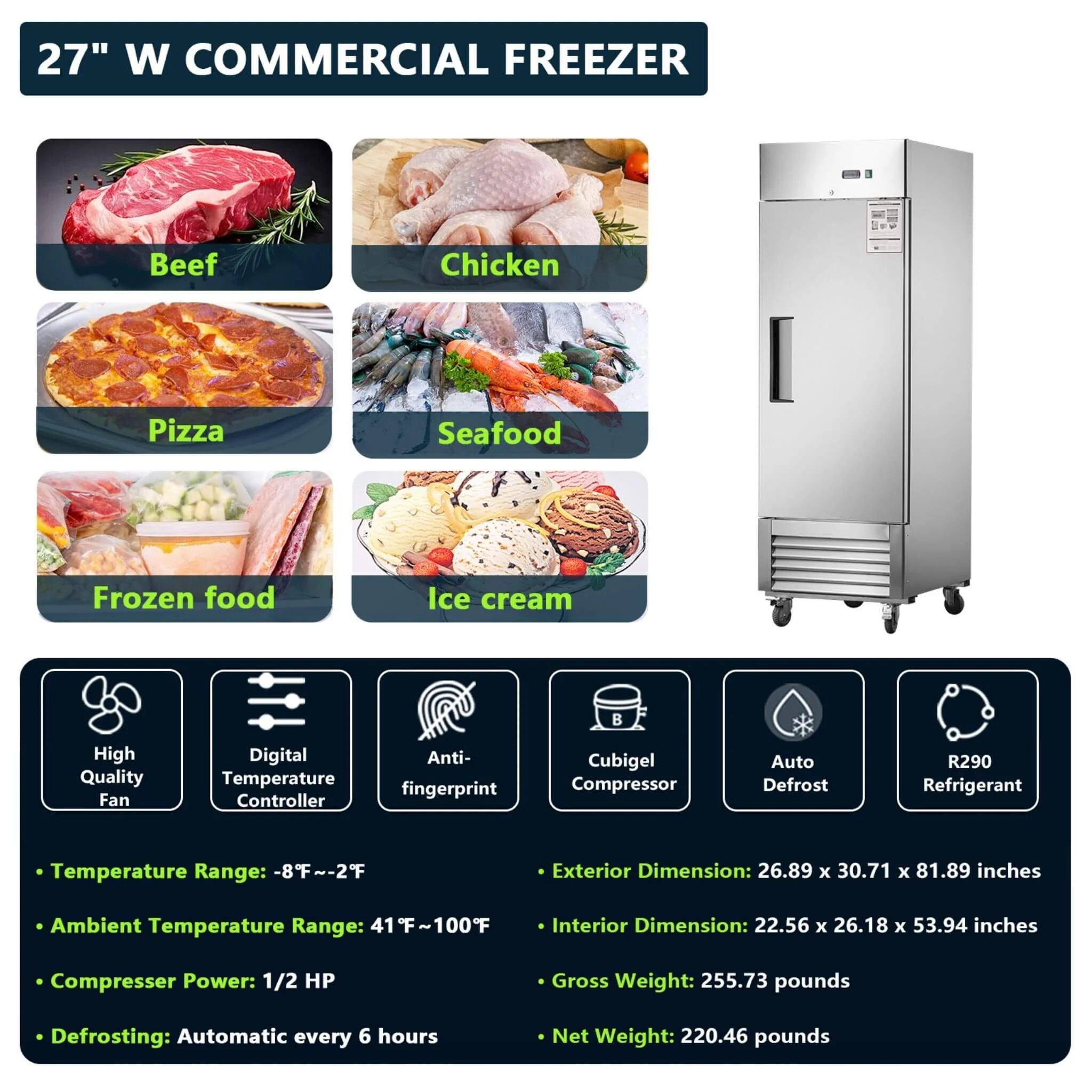 Heavy-Duty 27-Inch 8.7 Cu.Ft Commercial Upright Stainless Steel Reach-In Freezer (SAK43815) - Image 10