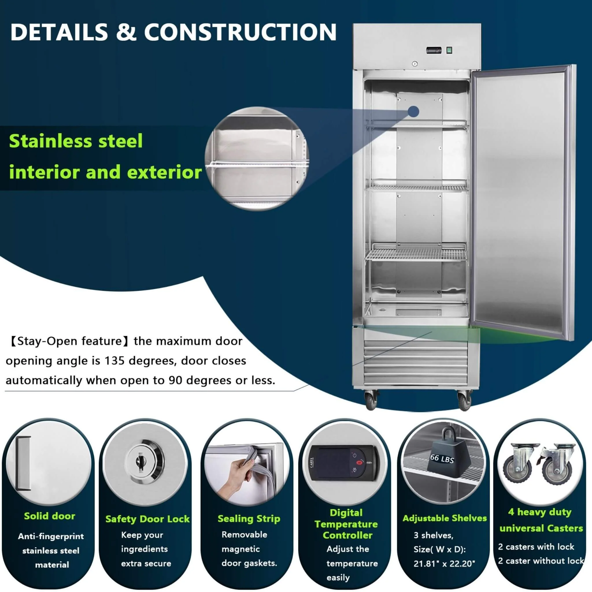 Heavy-Duty 27-Inch 8.7 Cu.Ft Commercial Upright Stainless Steel Reach-In Freezer (SAK43815) - Image 6