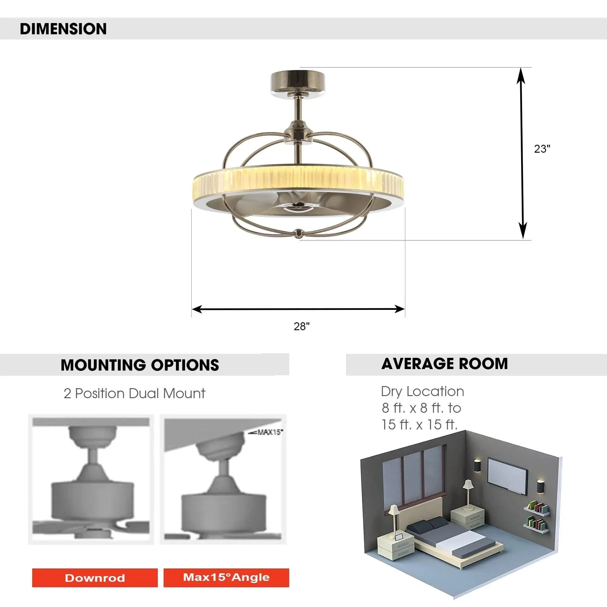 27" Industrial DC Motor Brushed Nickel Downrod Mount Reversible Crystal Ceiling Fan with Lighting and Remote Control - Image 10