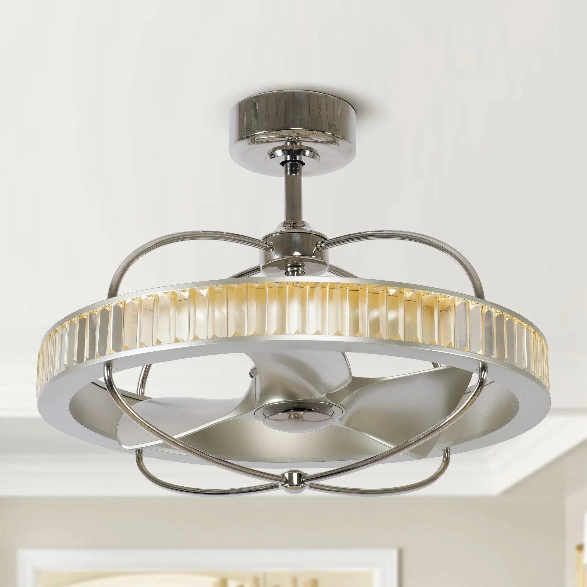 27" Industrial DC Motor Brushed Nickel Downrod Mount Reversible Crystal Ceiling Fan with Lighting and Remote Control - Image 4