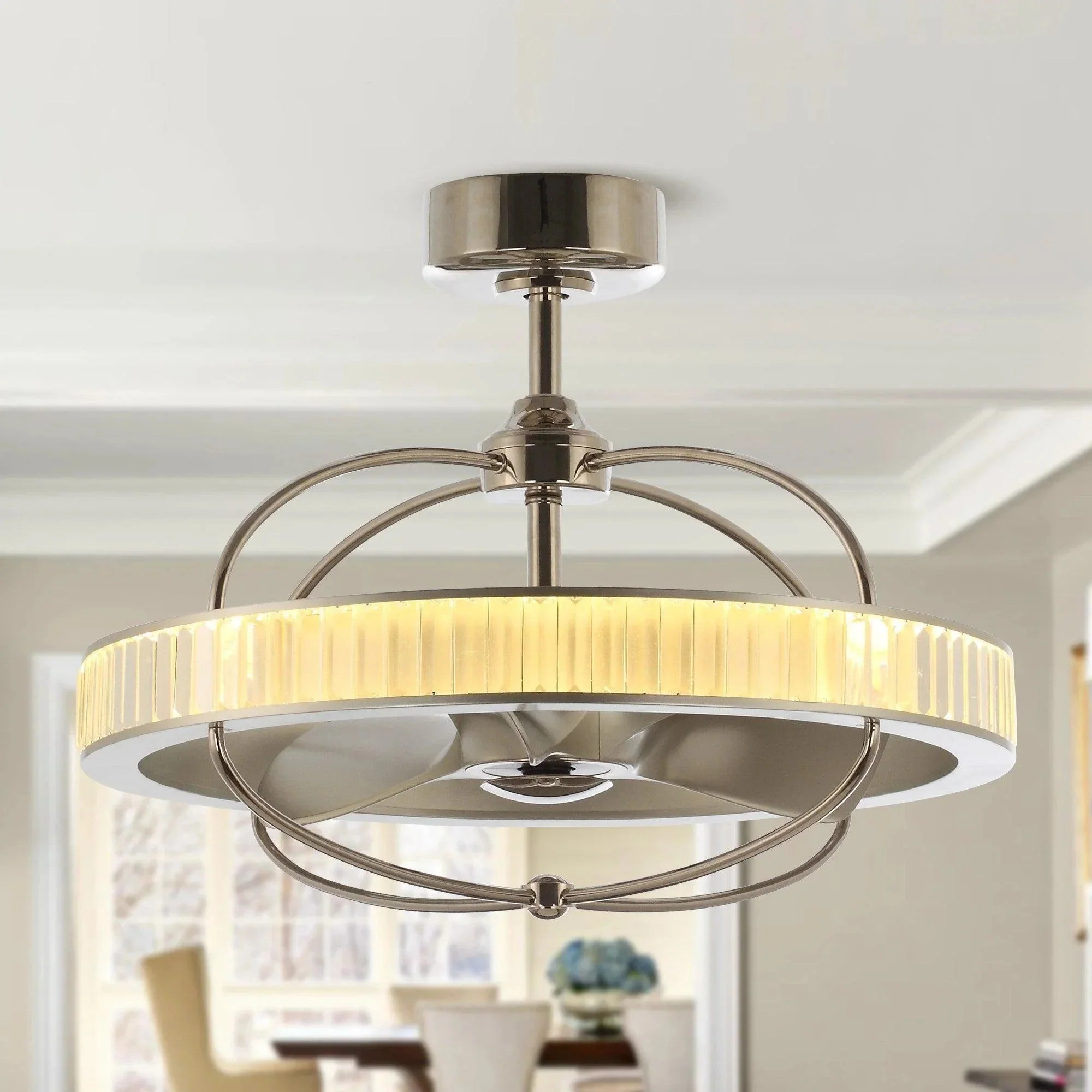27" Industrial DC Motor Brushed Nickel Downrod Mount Reversible Crystal Ceiling Fan with Lighting and Remote Control - Image 5