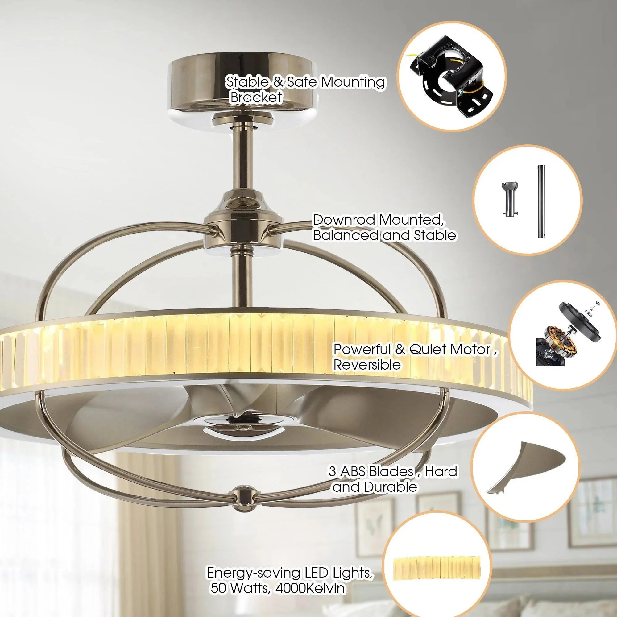 27" Industrial DC Motor Brushed Nickel Downrod Mount Reversible Crystal Ceiling Fan with Lighting and Remote Control - Image 6