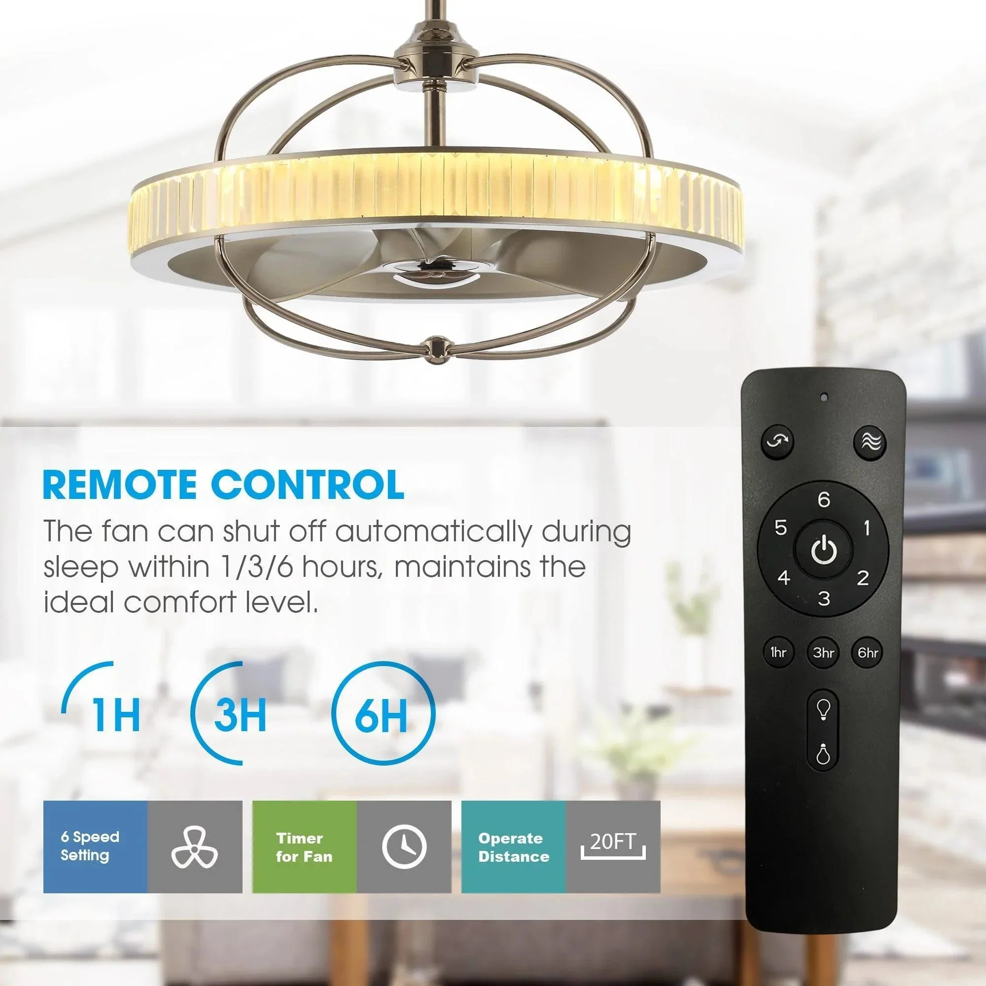 27" Industrial DC Motor Brushed Nickel Downrod Mount Reversible Crystal Ceiling Fan with Lighting and Remote Control - Image 7