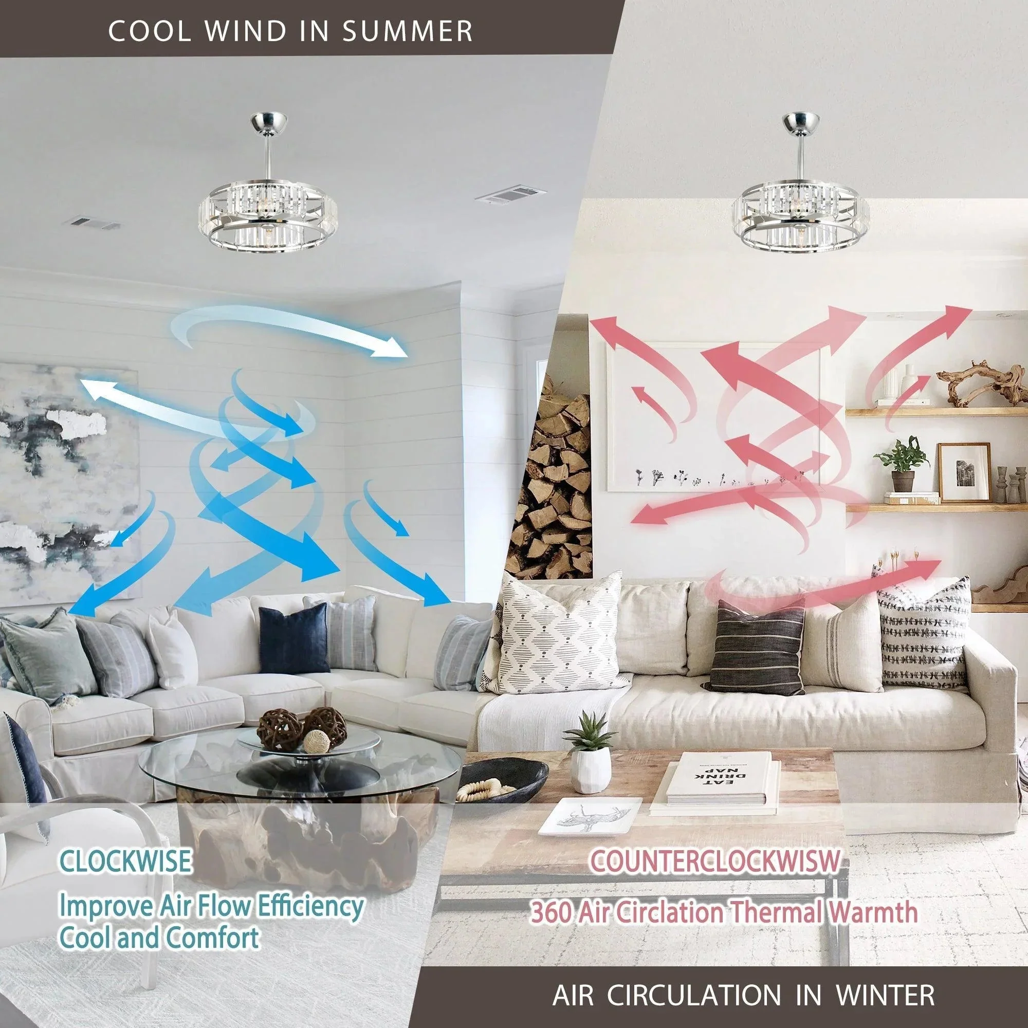 27" Industrial DC Motor Brushed Nickel Downrod Mount Reversible Crystal Ceiling Fan with Lighting and Remote Control - Image 8