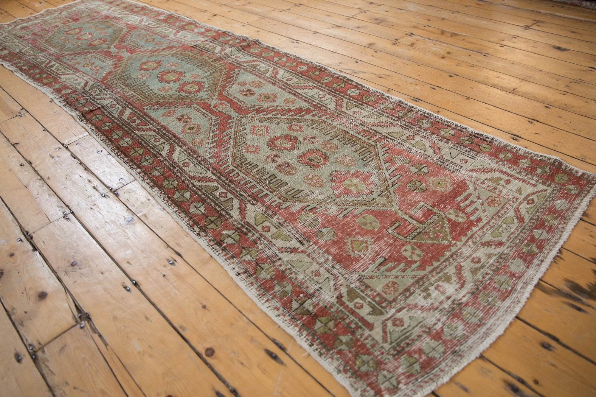 3.5x11 Vintage Distressed Heriz Rug Runner - Image 7