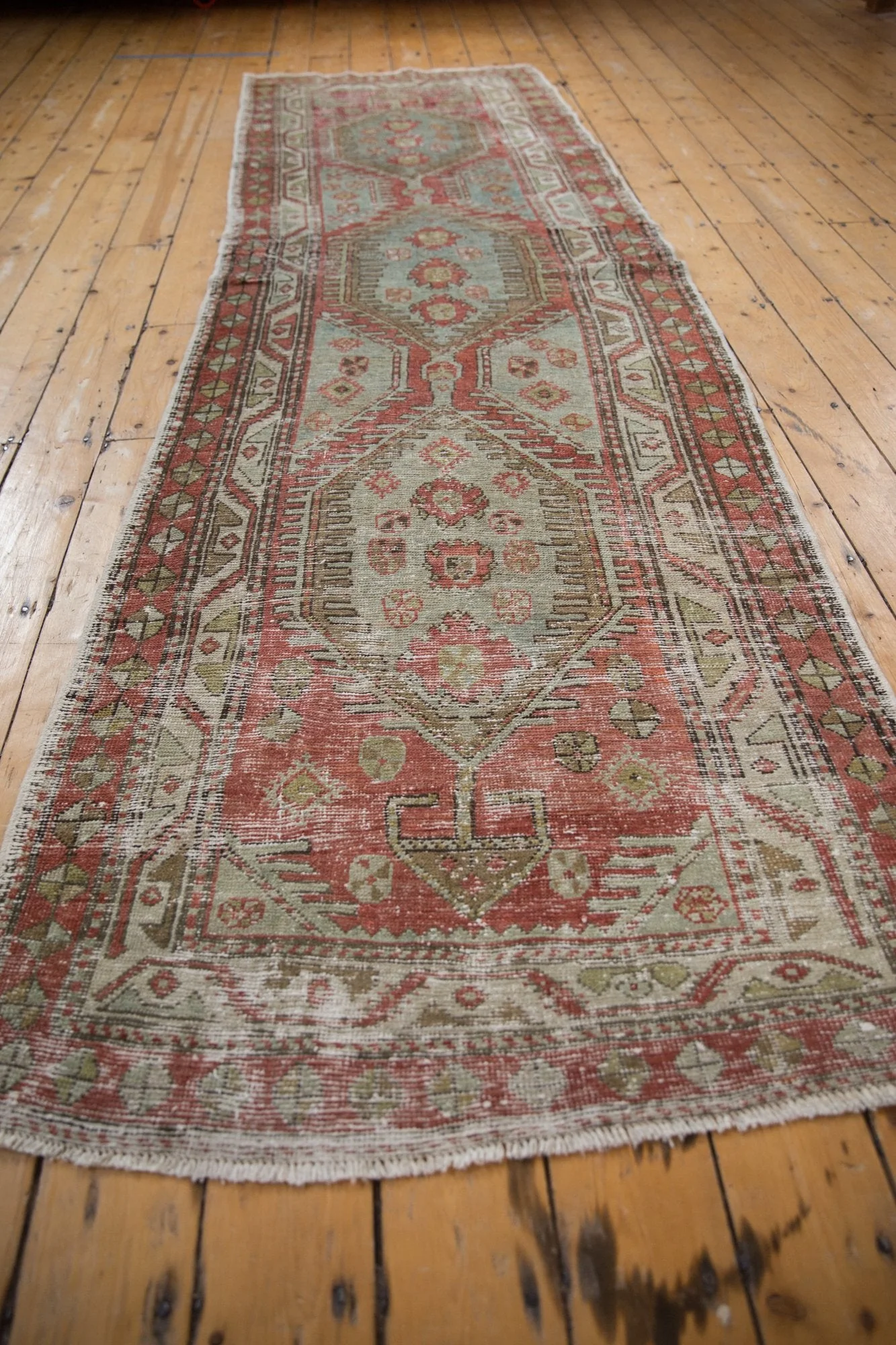 3.5x11 Vintage Distressed Heriz Rug Runner - Image 9