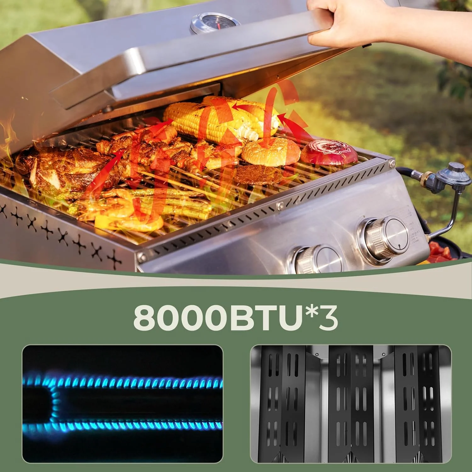 3-Burner Tabletop Portable Propane Gas Grill with Detachable Griddle,24,000 BTU Compact Outdoor BBQ TG0130K - Image 2