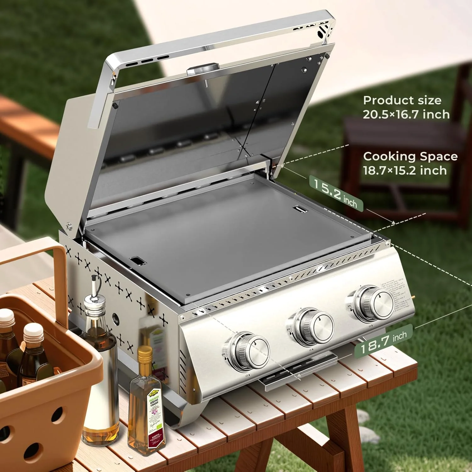 3-Burner Tabletop Portable Propane Gas Grill with Detachable Griddle,24,000 BTU Compact Outdoor BBQ TG0130K - Image 3