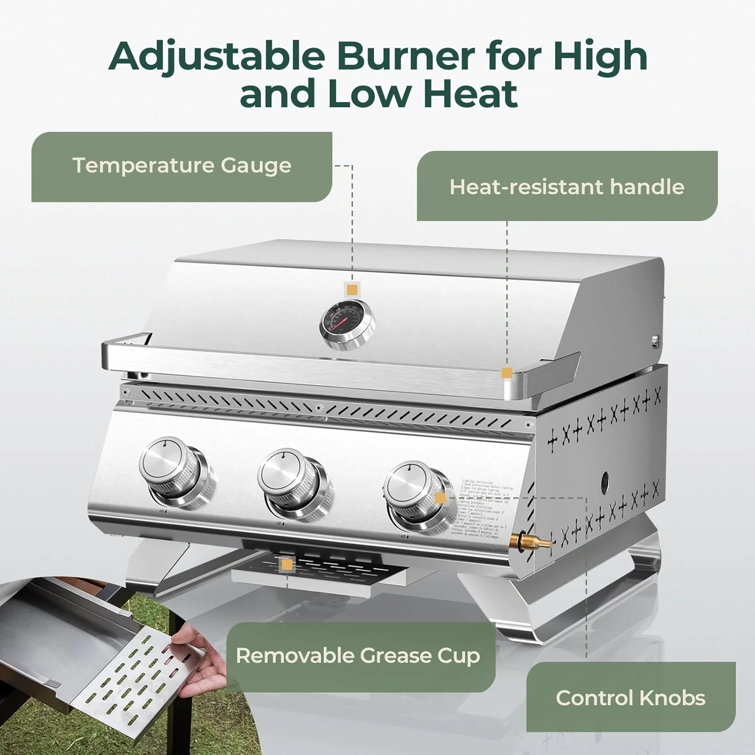 3-Burner Tabletop Portable Propane Gas Grill with Detachable Griddle,24,000 BTU Compact Outdoor BBQ TG0130K - Image 4