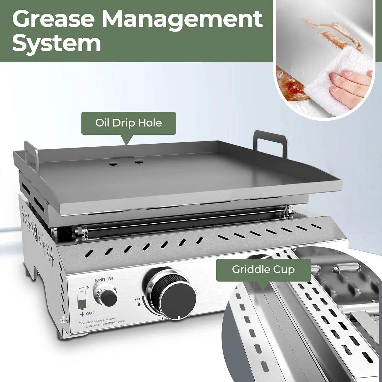 3 Burners Portable Propane Griddle，25 inch Stainless Steel Gas Grill，24,000 BTU Table Top Grill TG0130C - Image 11