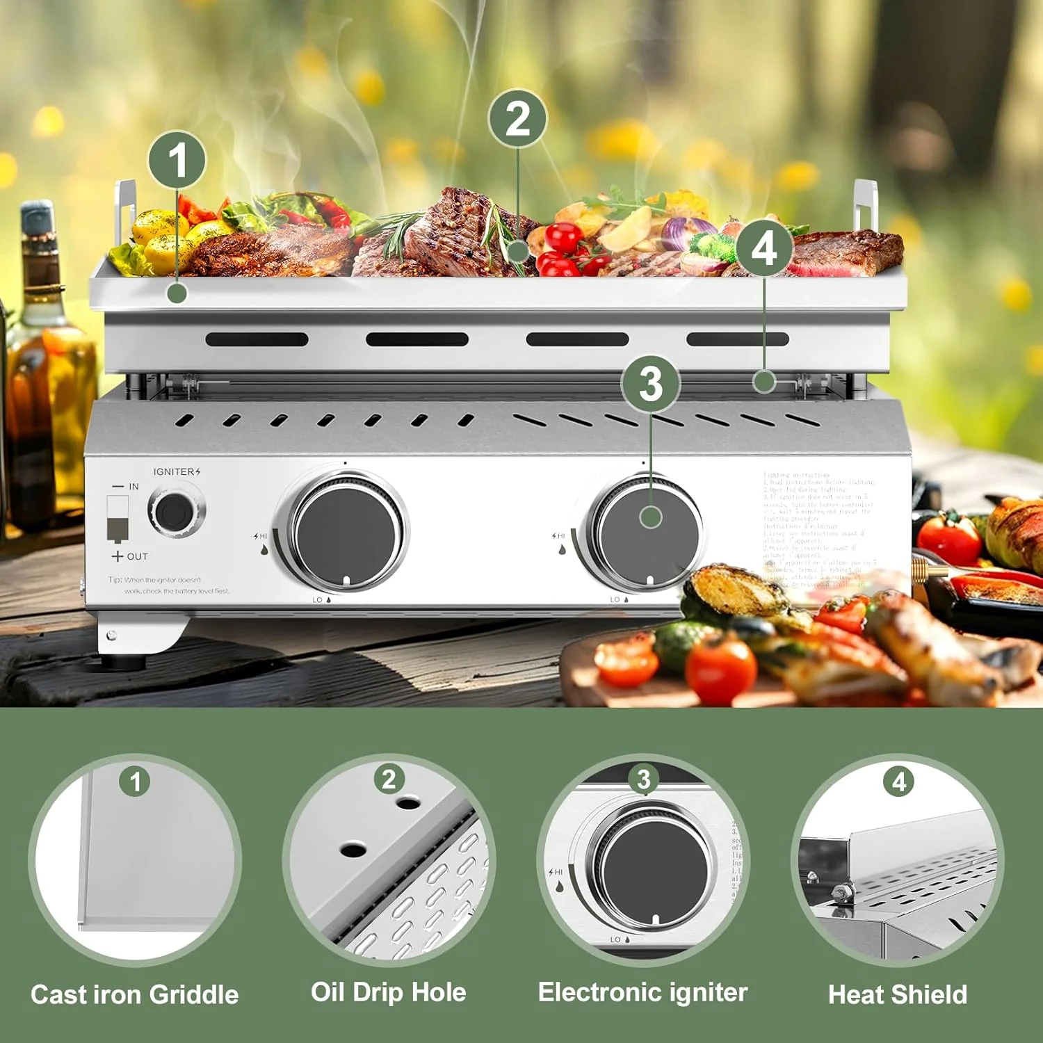 3 Burners Portable Propane Griddle，25 inch Stainless Steel Gas Grill，24,000 BTU Table Top Grill TG0130C - Image 12