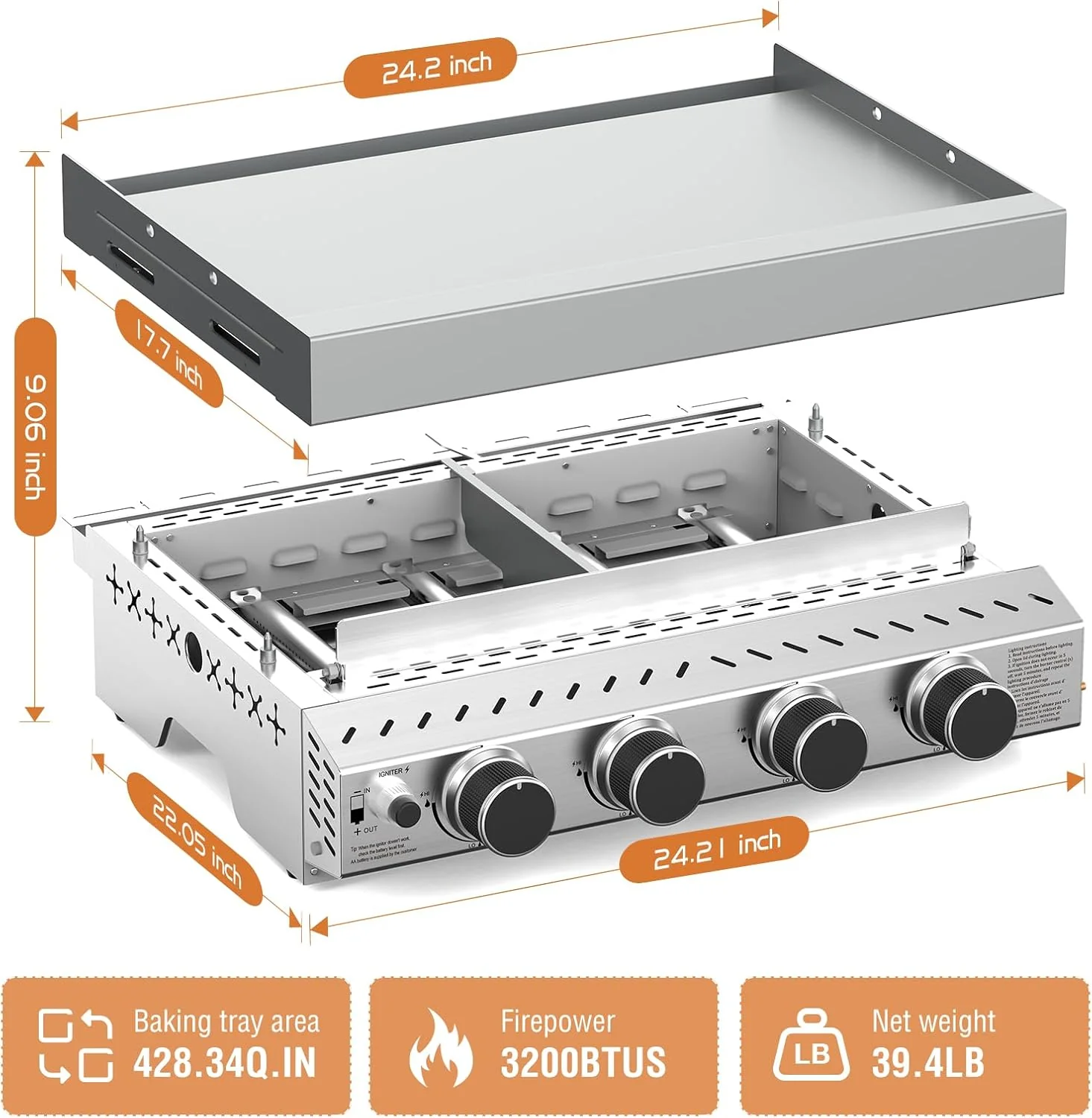 3 Burners Portable Propane Griddle，25 inch Stainless Steel Gas Grill，24,000 BTU Table Top Grill TG0130C - Image 23