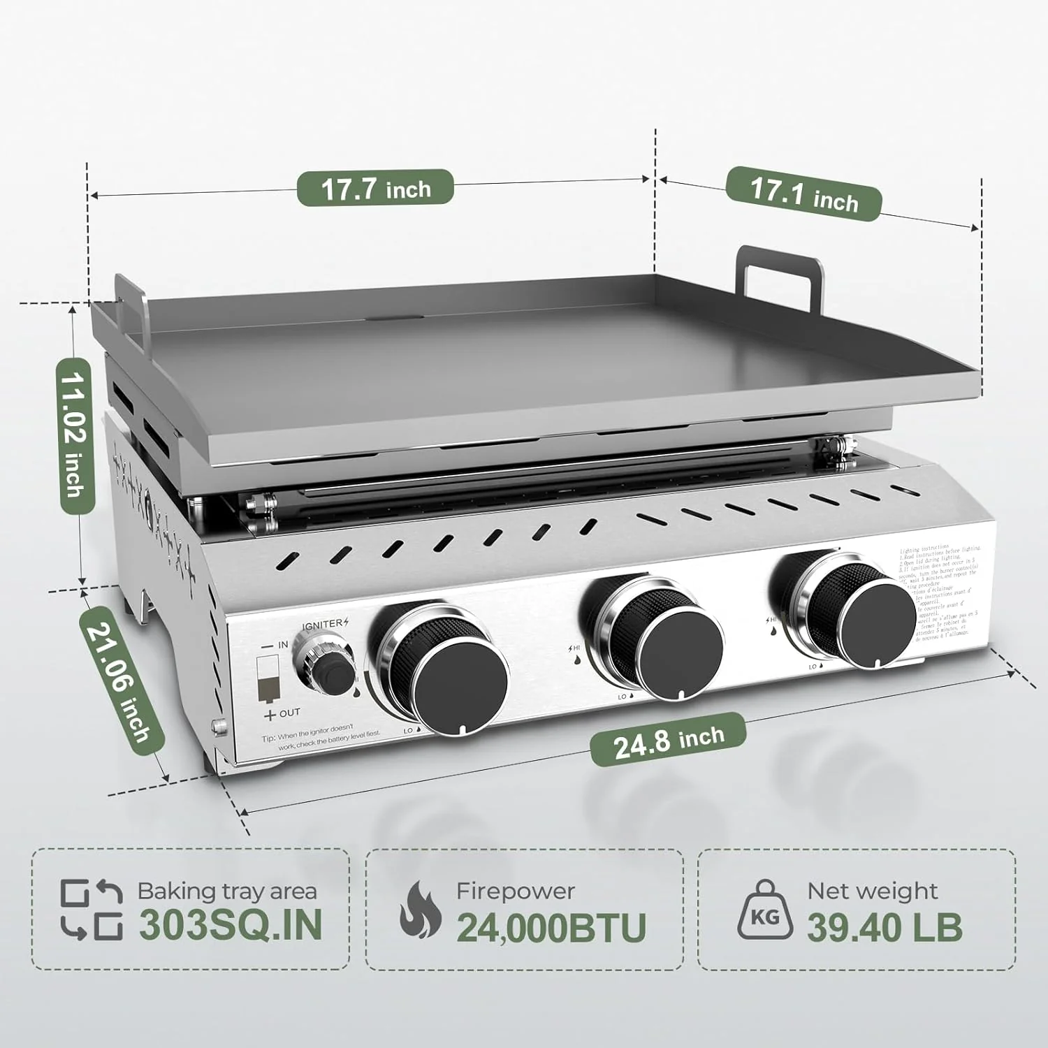 3 Burners Portable Propane Griddle，25 inch Stainless Steel Gas Grill，24,000 BTU Table Top Grill TG0130C - Image 3