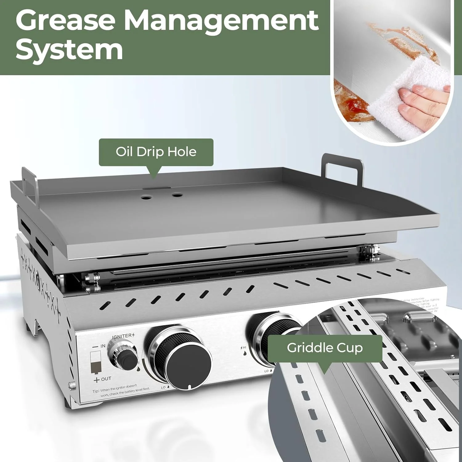 3 Burners Portable Propane Griddle，25 inch Stainless Steel Gas Grill，24,000 BTU Table Top Grill TG0130C - Image 4