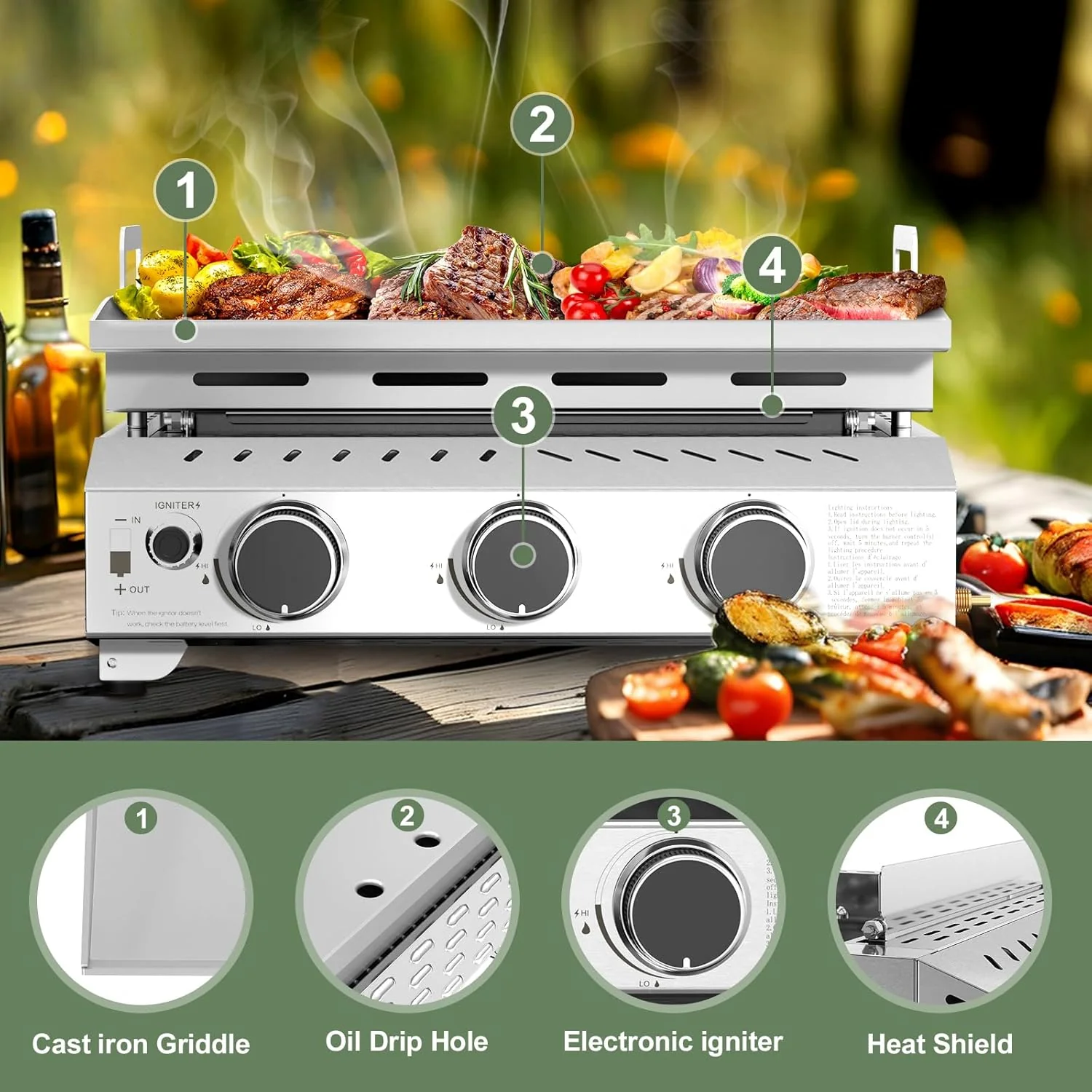 3 Burners Portable Propane Griddle，25 inch Stainless Steel Gas Grill，24,000 BTU Table Top Grill TG0130C - Image 5
