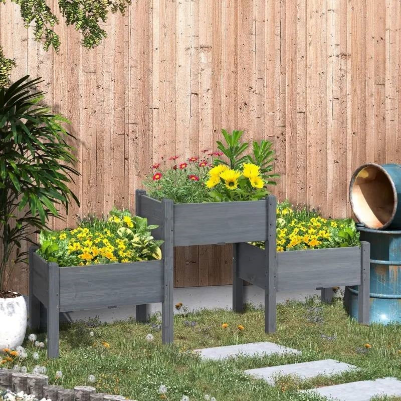 3 Grey Wood Elevated Planter Set Vegetable Herb Flowers Raised Garden Beds - Image 2