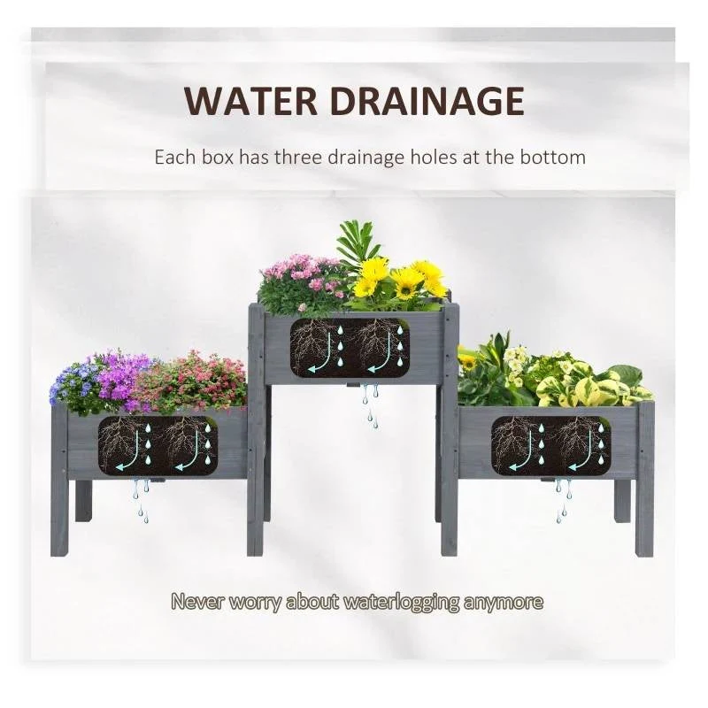 3 Grey Wood Elevated Planter Set Vegetable Herb Flowers Raised Garden Beds - Image 3