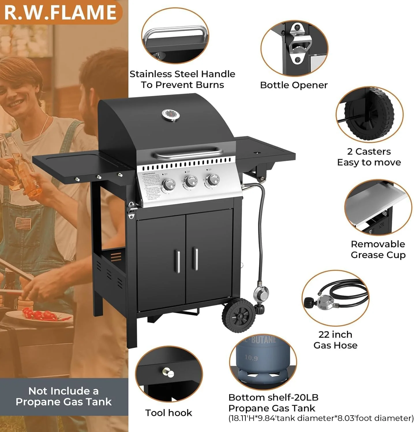 3 Hearth Propane Gas Grill, 355 Sq. Inch Cooking Area, Outdoor Camping Picnic, Black - Image 2