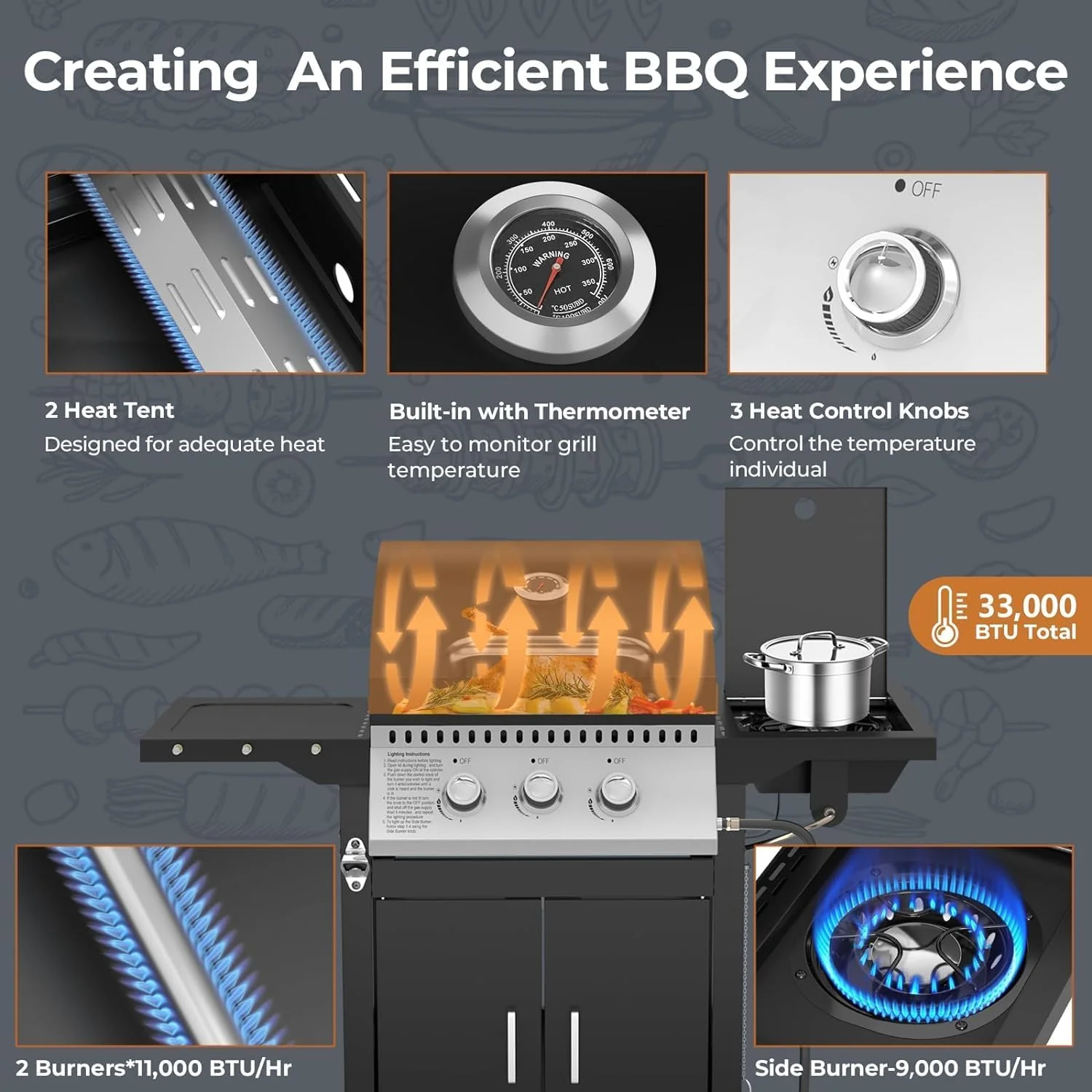 3 Hearth Propane Gas Grill, 355 Sq. Inch Cooking Area, Outdoor Camping Picnic, Black - Image 4