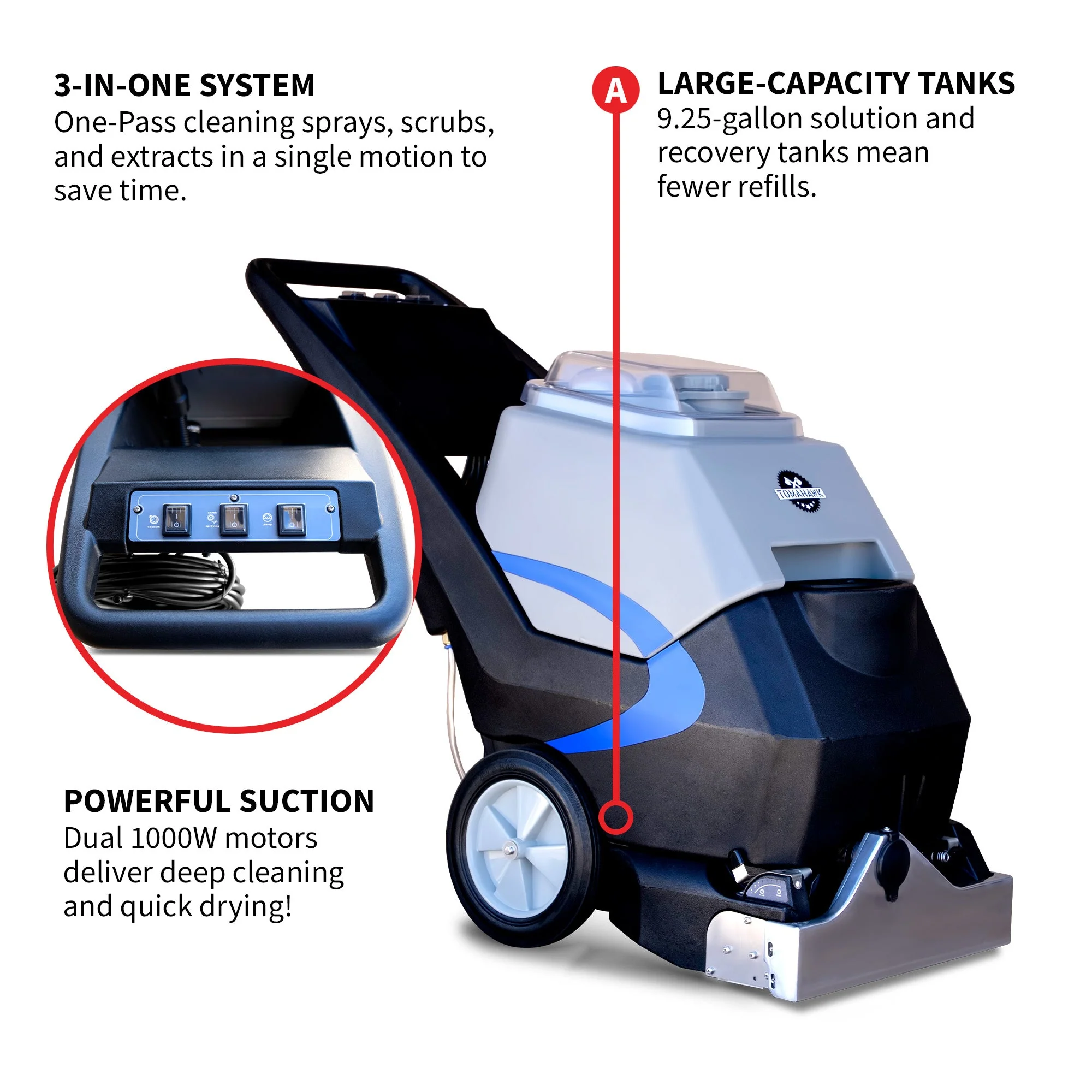 3-in-1 Commercial Carpet Extractor Cleaner, 18” Width, 9 Gallon Dual Tanks, Dual 1000W Motors for Hotels, Offices & Upholstery - Image 5