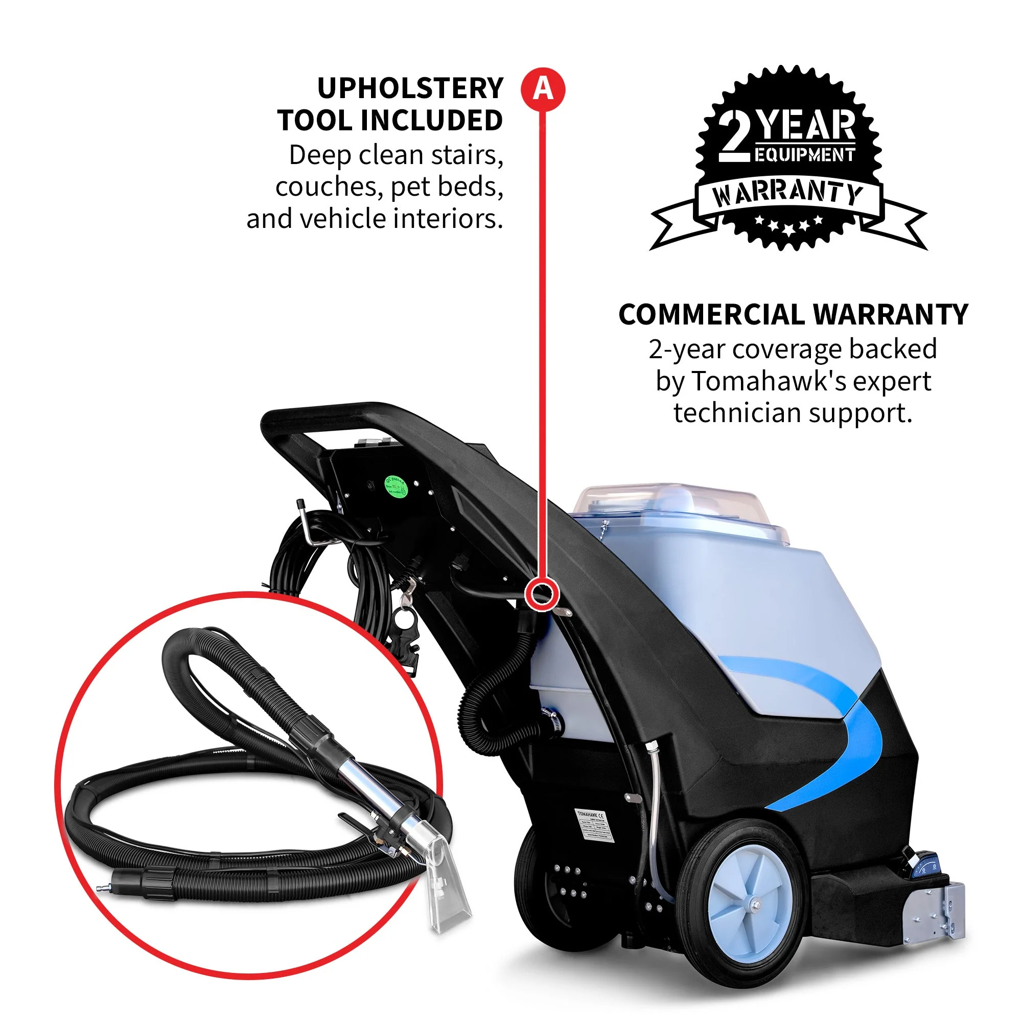 3-in-1 Commercial Carpet Extractor Cleaner, 18” Width, 9 Gallon Dual Tanks, Dual 1000W Motors for Hotels, Offices & Upholstery - Image 7