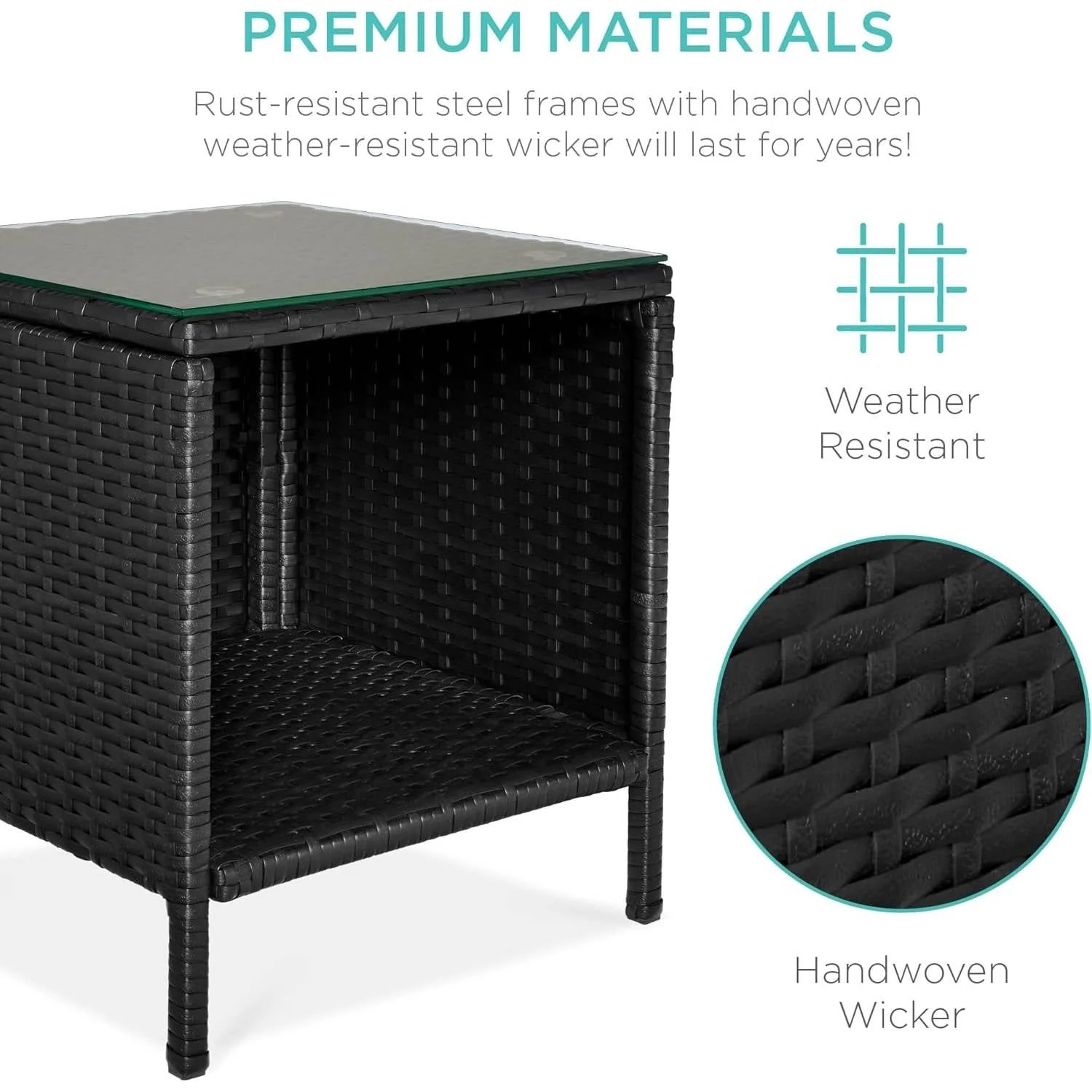 3-Piece Black PE Wicker Outdoor Dining Patio Furniture Set w/ Teal Blue Cushions - Image 4
