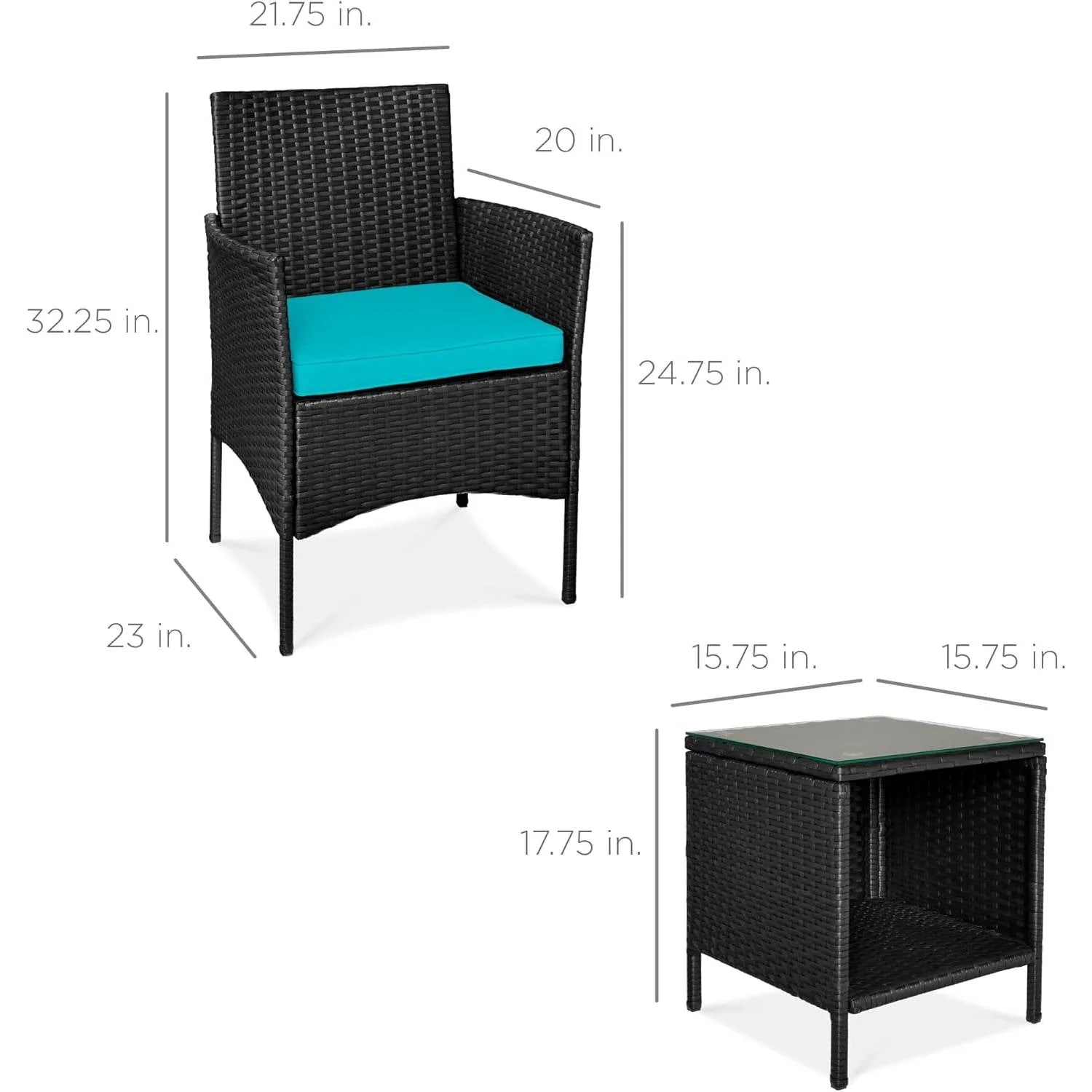 3-Piece Black PE Wicker Outdoor Dining Patio Furniture Set w/ Teal Blue Cushions - Image 5