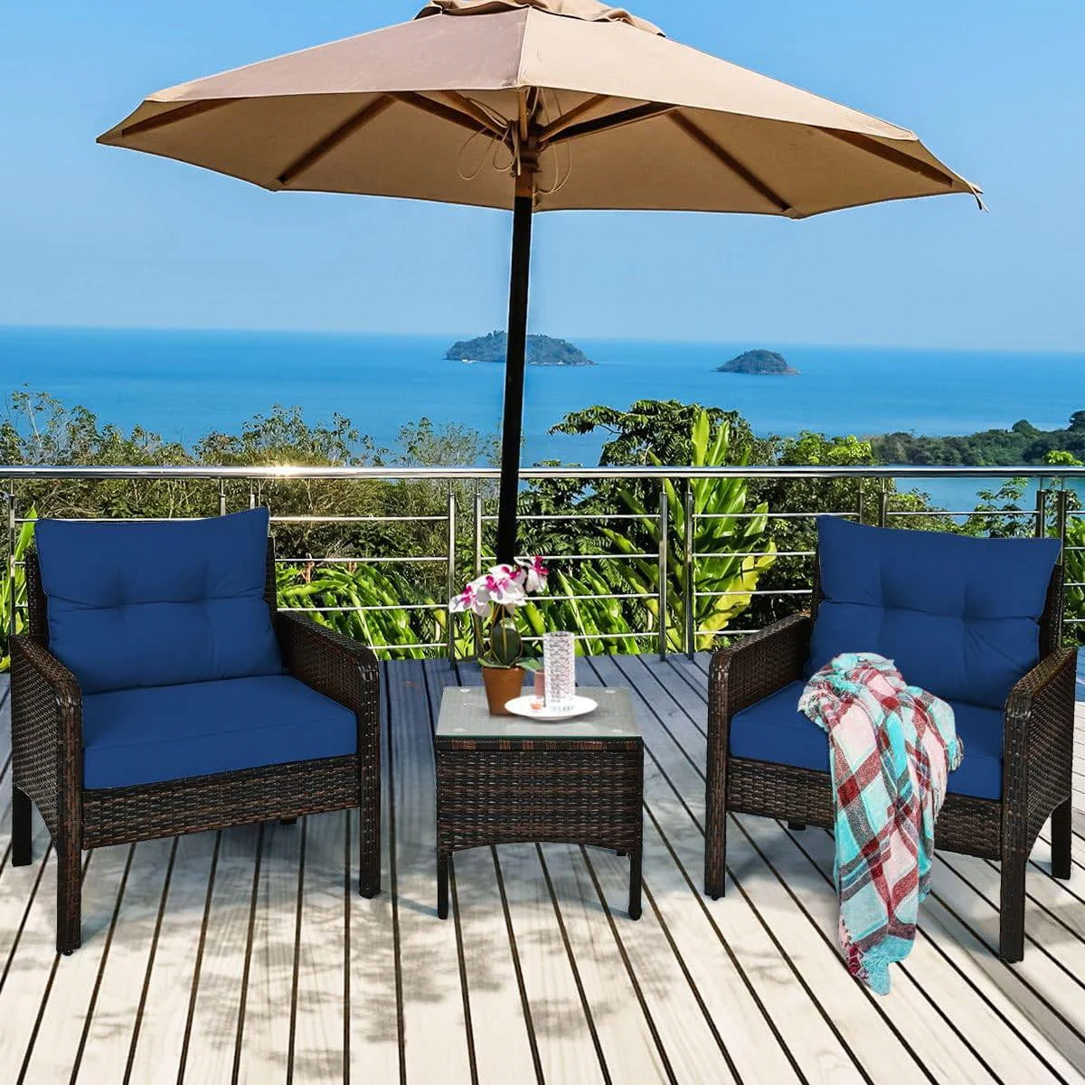 3-Piece Brown PE Rattan Outdoor Dining Patio Furniture Set with Blue Cushions - Image 2